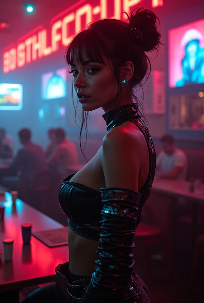cyberpub, a sexy woman who rewards you after you help her in sexual practices, she has sexy breasts and ass, She's facing you, and your clothes are on the floor