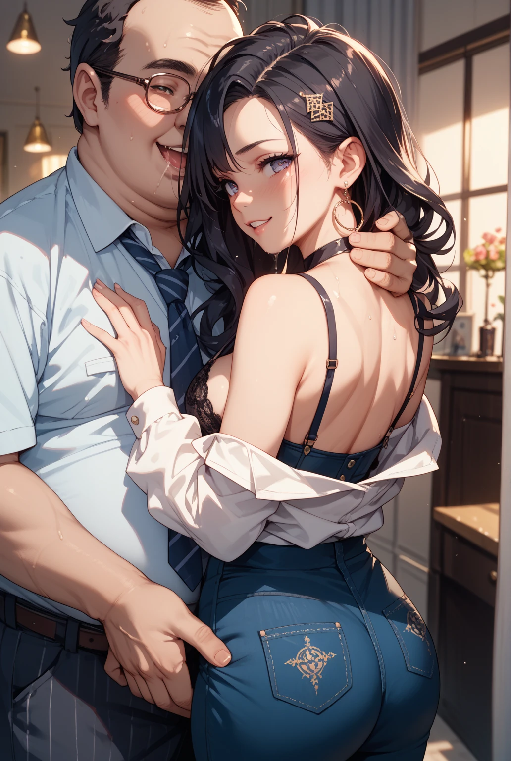 Cowgirl milf girl smiling while hugging handsome 18 year old.