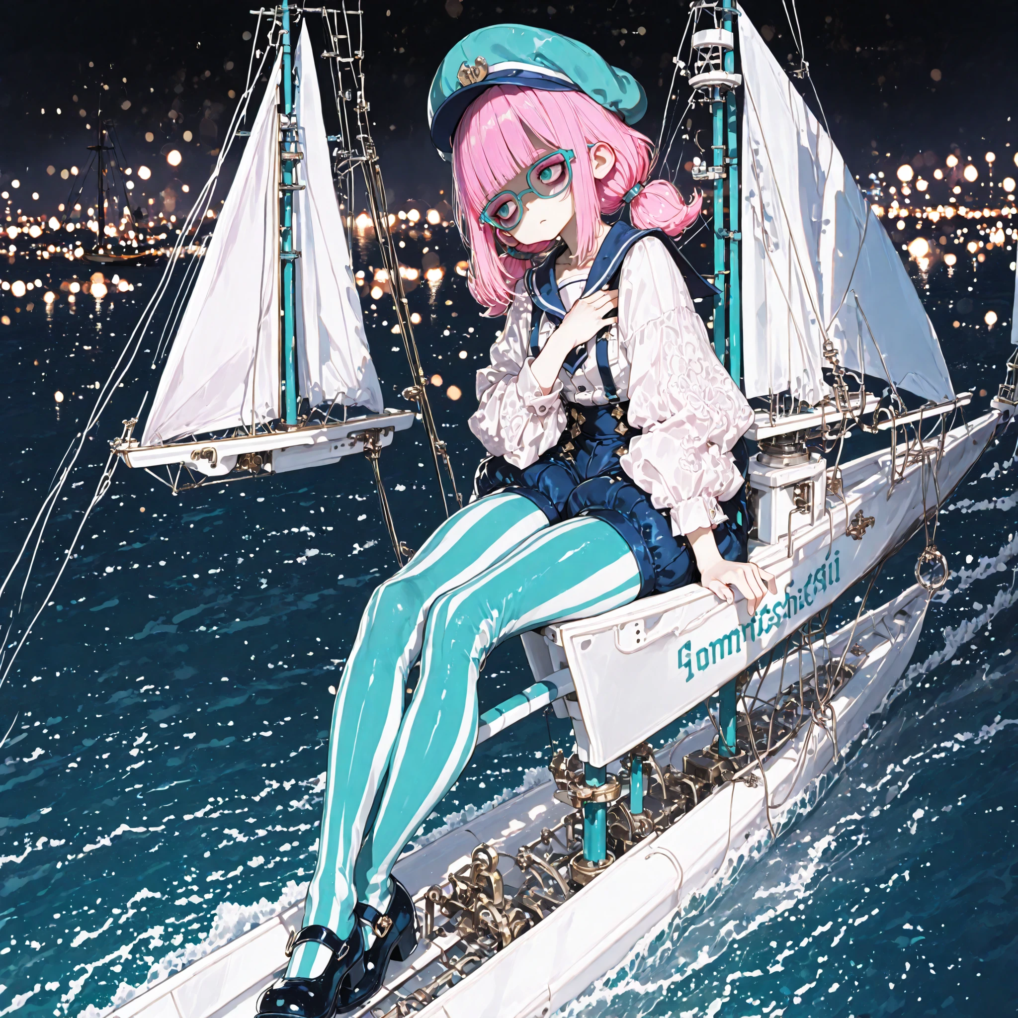 Very wide shot, atmospheric forced perspective, head down, straight on, head tilt, legs dangling off edge of sailboat, ankles crossed, arm folded over chest, (((sitting on edge of sailboat, on sailboat, sitting on sailboat,))) distracted expression, looking away, bored stiff posture, 1 woman, blue sailor hat, aqua eyes, (((tareme, aegyo sal, eyeshadow under eyes,))) flipped sidelocks, blunt bangs, (((pink low twintails, short twintails, pink hair))), (blue square glasses), blue suspenders, white dress shirt, puffy shorts, ((aqua white vertical striped tights)), blue mary janes, (((tenshi kaiwai fashion))), detailed face, detailed eyes, (long legs,) ((mature, adult, long torso,)) masterpiece, best quality, cinematic lighting, highly detailed, details, ultra quality, HDR, 8k, ((bokeh)), ((amazing composition,)) (((score 10,))) complex exterior, blue black pink gothic palette, drab scenery, green murky weather, big sailboat, fog, ocean, power lines, ((somber mood, shade, shaded face, dark, darkness))