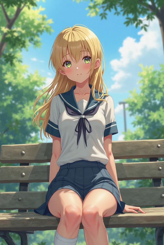 Super resolution video、8K、highest quality,One Girl, alone,cute,Innocent Beautiful Girl,Flat Chest,A beautiful face that still retains a youthful look,Summer sailor uniform,mini skirt、The hairstyle and hair color change randomly.,Sitting on a bench、Embarrassed,Staring at the audience,Beautiful eyes, Delicate depiction, ,She spreads her legs and shyly shows off her panties、She shows off her white frilly panties to the viewers.、Cute design panties、