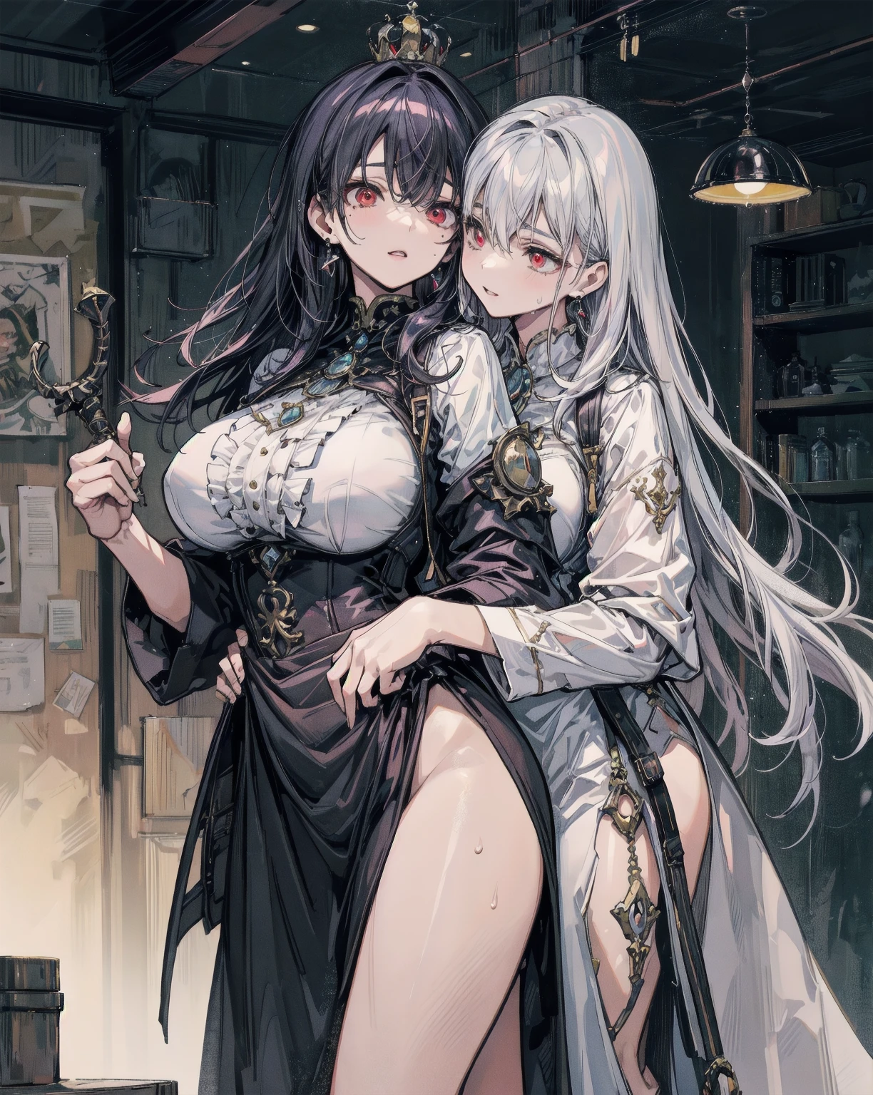 Big Breasts Sexy Red Suspenders Real Sister Eyes Looking Down White Skin Buttocks Biting Lips Hands Lifting Skirts White Hair , seios, naked female, crua,