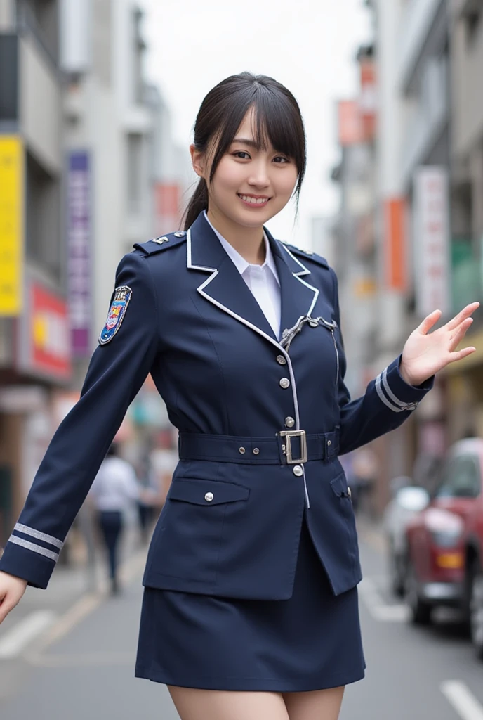 A very young Japanese female police officer、short hair、