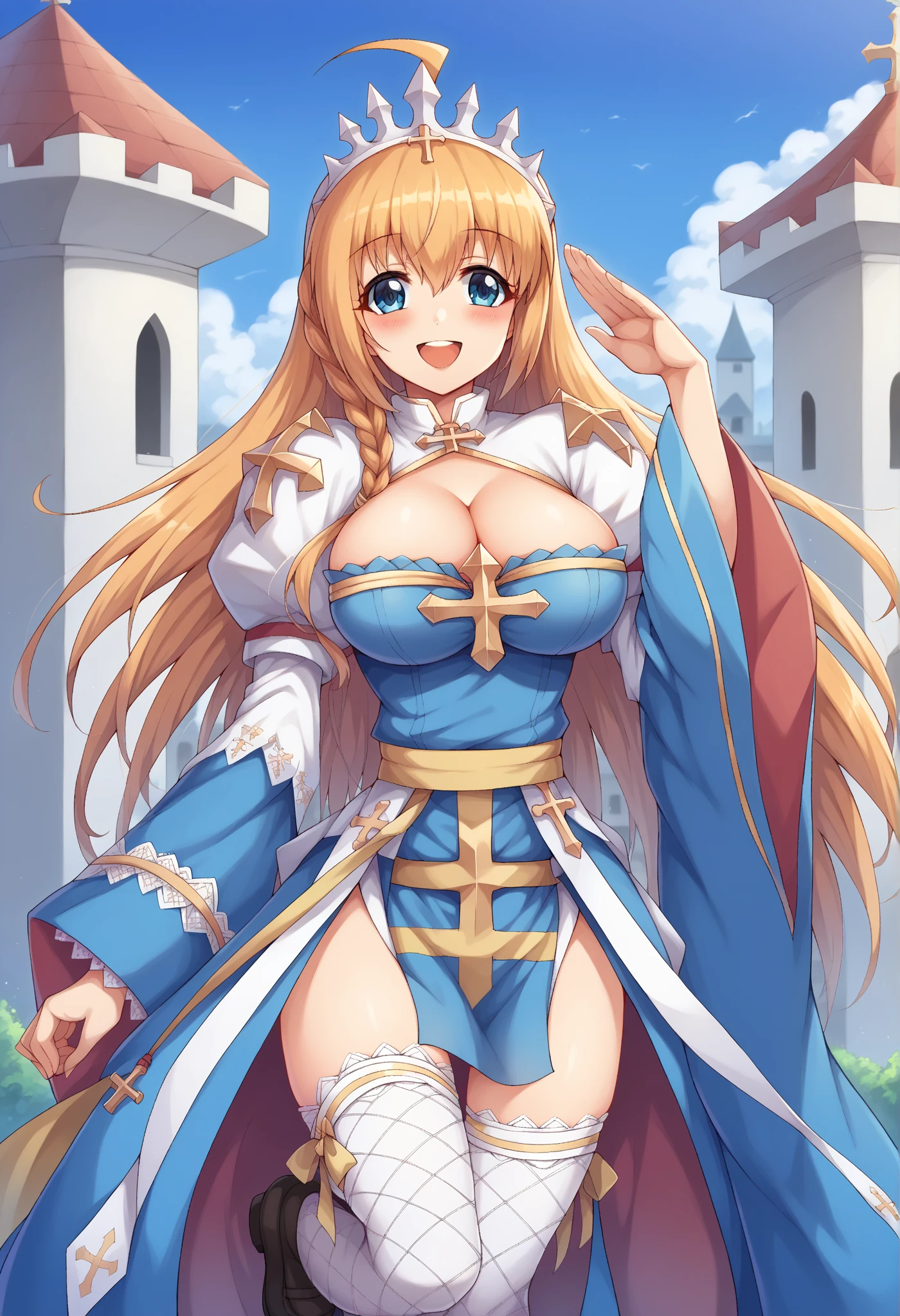 Highest quality, Official Art, masterpiece, Fabric Shading, High resolution, Very detailed, colorful, Best details, Fantasy, Combat Uniform,1 female, Age 25, Highest quality, Official Art, masterpiece, Fabric Shading, High resolution, Very detailed, colorful, Best details, Fantasy, Combat Uniform,1 female, Age 25, Standing on the stairs,A castle town with an old castle view, sunny,Choppy Hair, Large Breasts, skinny,Surrounded by a lot of people:1.9、Confetti falling、Blessed、Welcomed:1.5、Camel Toe, Inner thighs,squatting, spread legs,