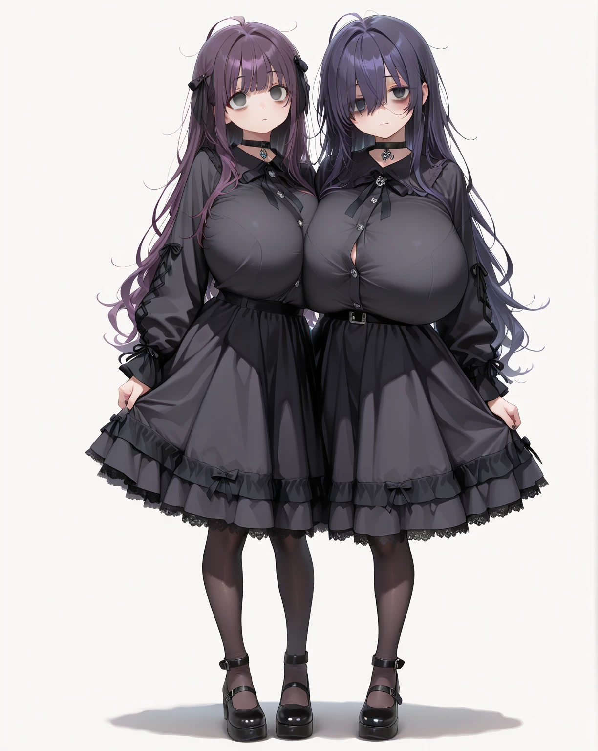 Anime girl, thick and curvy, long curly brown hair with bangs, brown eyes, black dress, with a man, smiling and blushing
