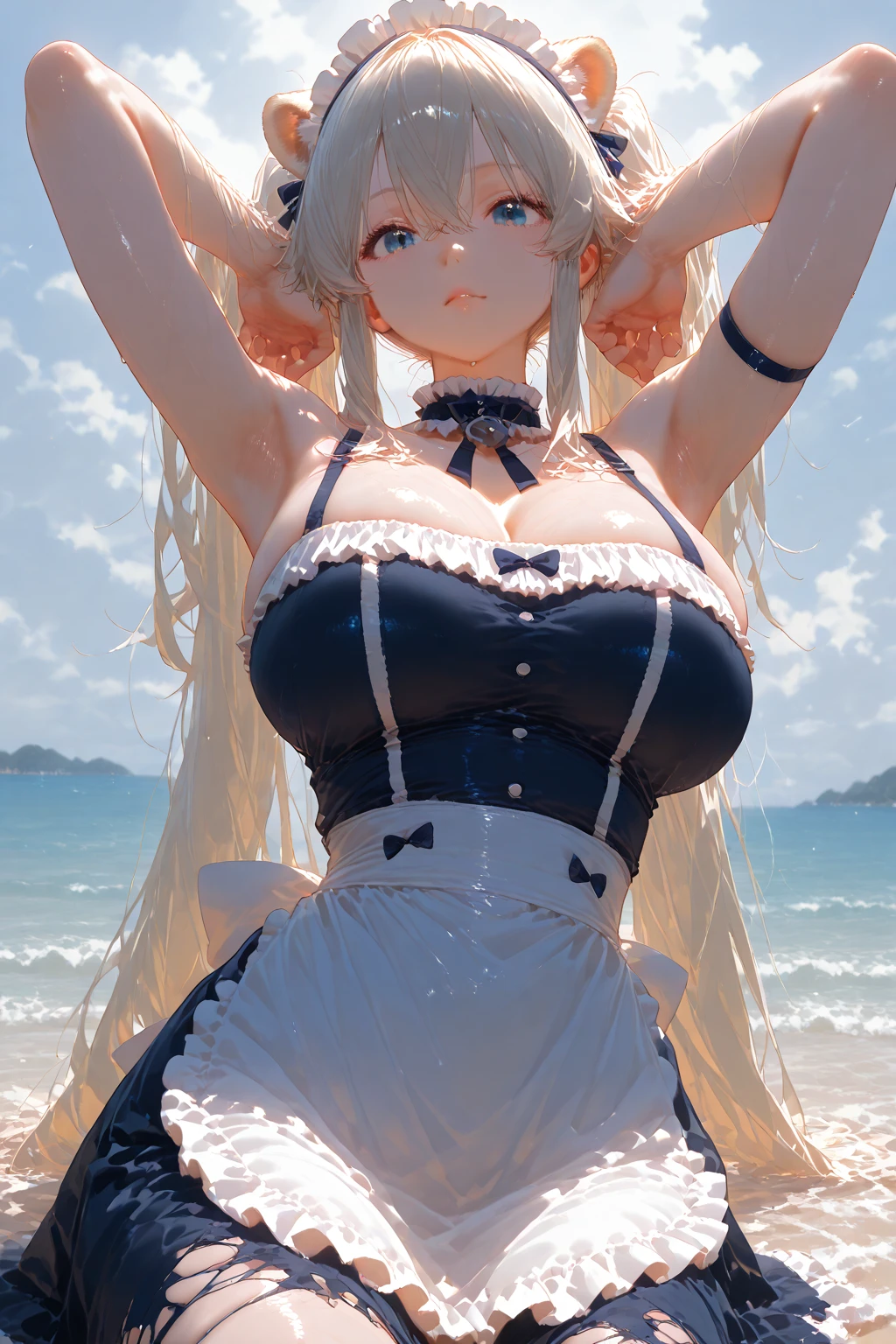 ((dress_default, terrific_default, ornament_waist)):1.5,((独奏, 1girl)) ((masterpiece,Highest quality,Highly detailed images,Beautiful images、Realistic、Dutch Angle)),(Top-down angle image)、 (Bright lighting overall、Backlight、A fantastic atmosphere、Thick Fog、Dust flutters),(Sexy pose、Beautiful cleavage、huge breasts, Place your hands behind your back:1.5、Leaning forward、Charming smile), ((Beautiful starry sky、shooting star、Ocean))、Black sleeves、Emphasize the chest、Looking up、Hands behind the body、Leaning forwardに