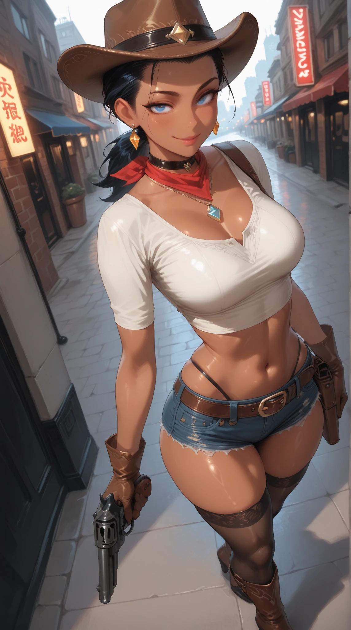 (masterpiece), best quality, expressive eyes, perfect face, front lighting, (orange tree farm background), (posing), (smirk), (cleavage view), (1girl, milf, nico robin, latina, dark skin, long black hair with bangs, straight flat hairstyle, brown eyes, hourglass figure, thick body, curvy body, large breasts, huge breasts, oppai, large cleavage, wide hips, thick thighs), (purple plaid pattern button shirt with rolled sleeves, croptop, exposed cleavage, tight ripped denim pants, cowboy hat), 