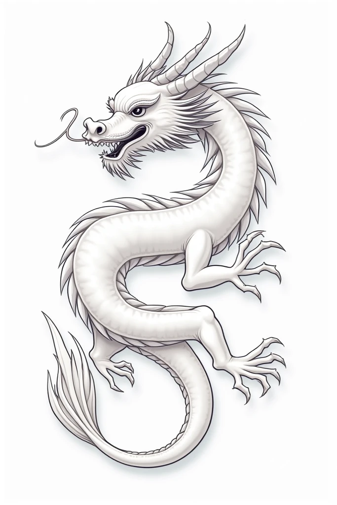 sketch of an oriental dragon drawing, fluffly, with black lines and white background.