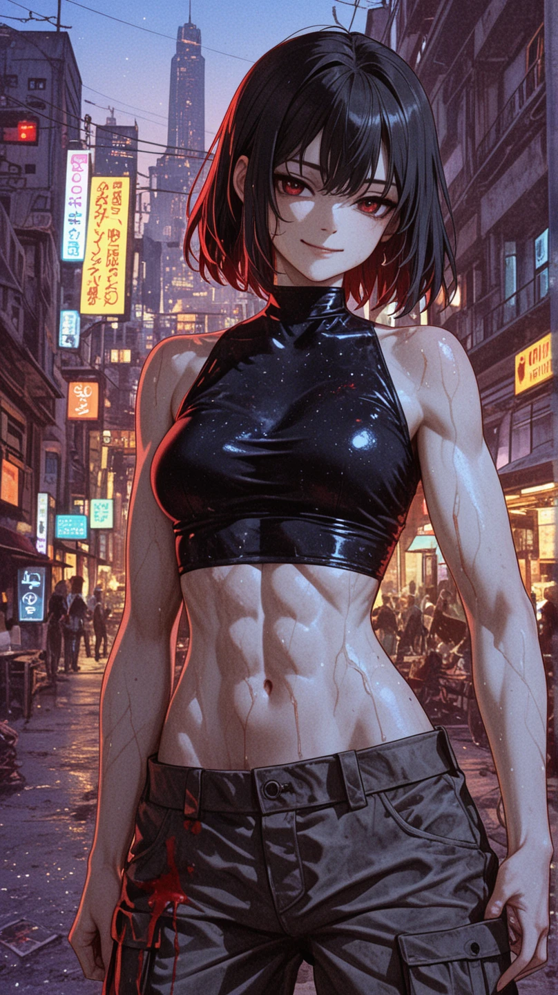(melhor qualidade:1.3), (qualidade 4K), Maki Zenin by jujutsu no kaisen, ((detailed face)),((smile)), ((curvy body)), (peitos grandes), sexy, (( cut hair)), ((body suit clivagem, sleeveless)), ((city)), arms up, armpits visible