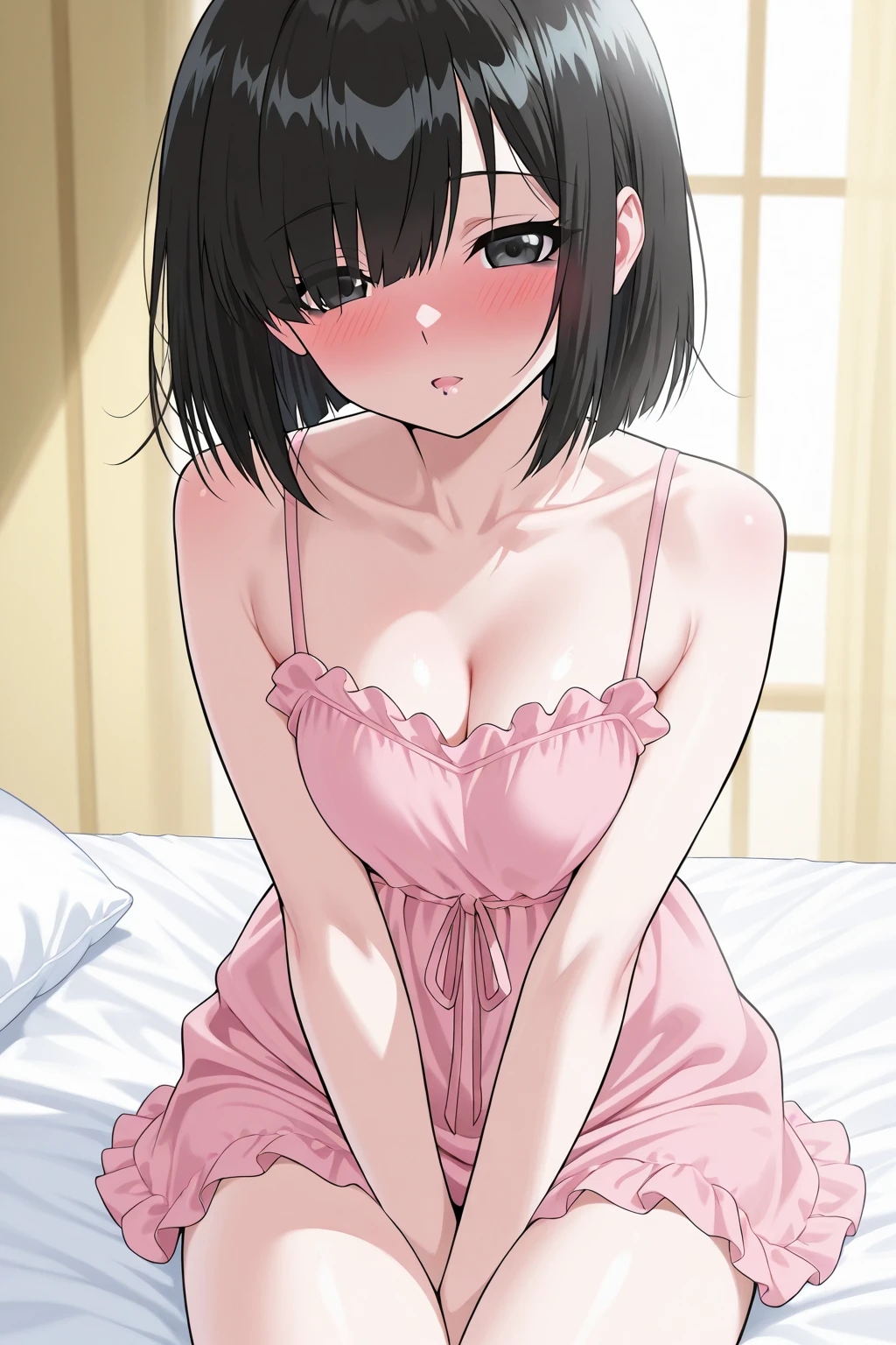 Mikasa Ackerman, negligee, topless, pechos medianos, small nippless, through negligee, without panties, pussy, lace garter belt, lace stockings,living room