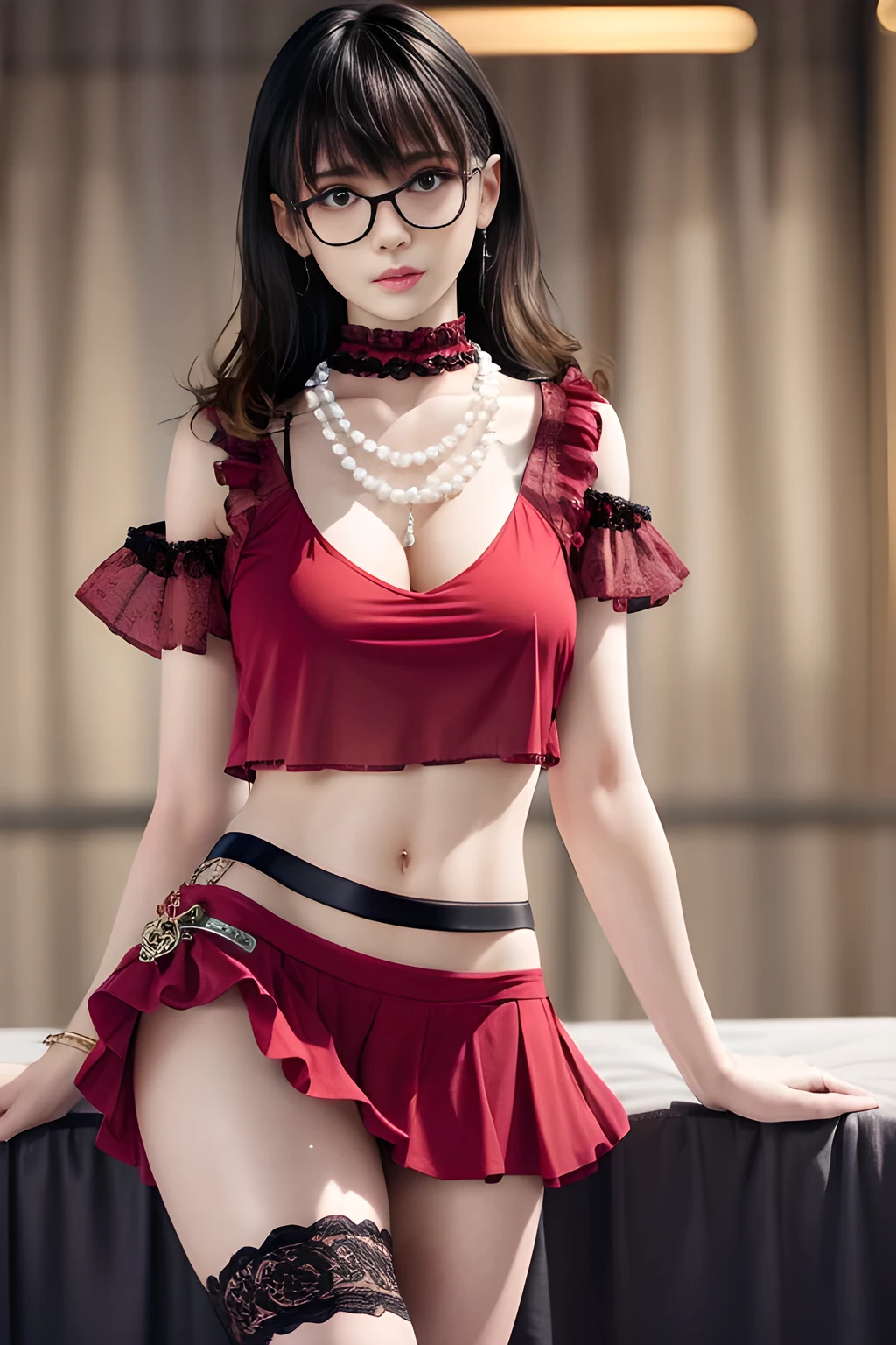 (8k raw photos, highest quality, masterpiece, UHD), (realistic, photorealistic: 1.37), (skin, realistic to the smallest detail), ultra high resolution, depth of field, soft sunlight, very cute 16 year old girl, slanted or almond-shaped eyes, cute face, solo, cheeky smile, cleavage, large and very large breasts, very detailed eyes and hair, attractive thighs, side ponytail, dark red hair, thick bangs, juicy thighs, skirt, boots, medieval cityscape, crowd,