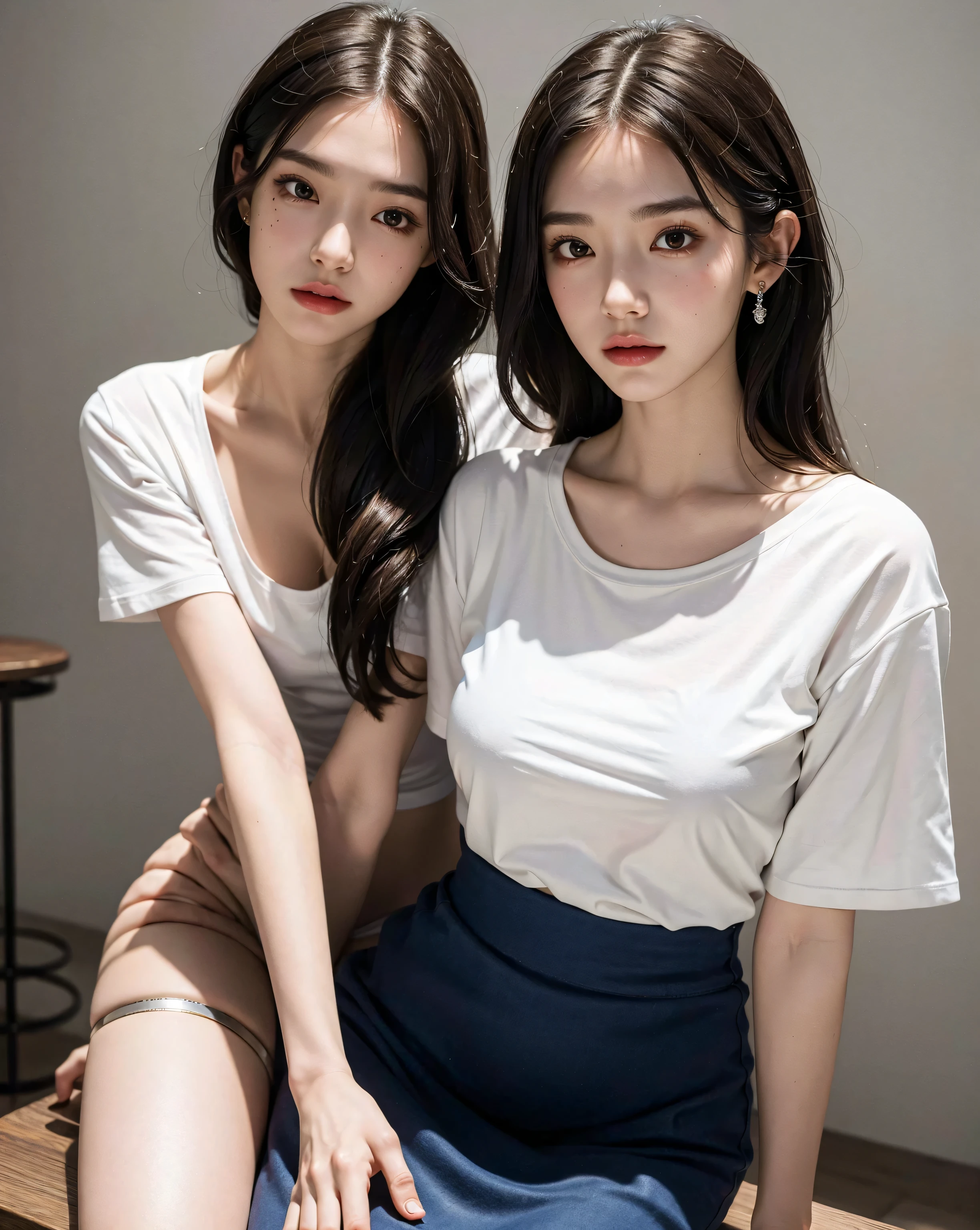 absurdres, RAW photo, extremely delicate and beautiful, masterpiece, Best Quality, ultra high resolution, 32k, hyperrealistic, ultra-detailed, perfect anatomy, super Detailed skin, perfect figure, Super Beauty, Perfect Style, Perfect balance, Beautiful Lighting, Perfect Lightning, Realistic Shadows, 20 years old, very Slim body, narrow waist, very small head, very small face, delicate facial features, handsome detailed woman, very detailed eyes and face, realistic face proportions, Realistic beautiful face, Realistic beautiful eyes, tearful mole, earring, very huge round breasts, legs, medium hair, whole body shot, indoor, tight skirt, cropped T-shirt,