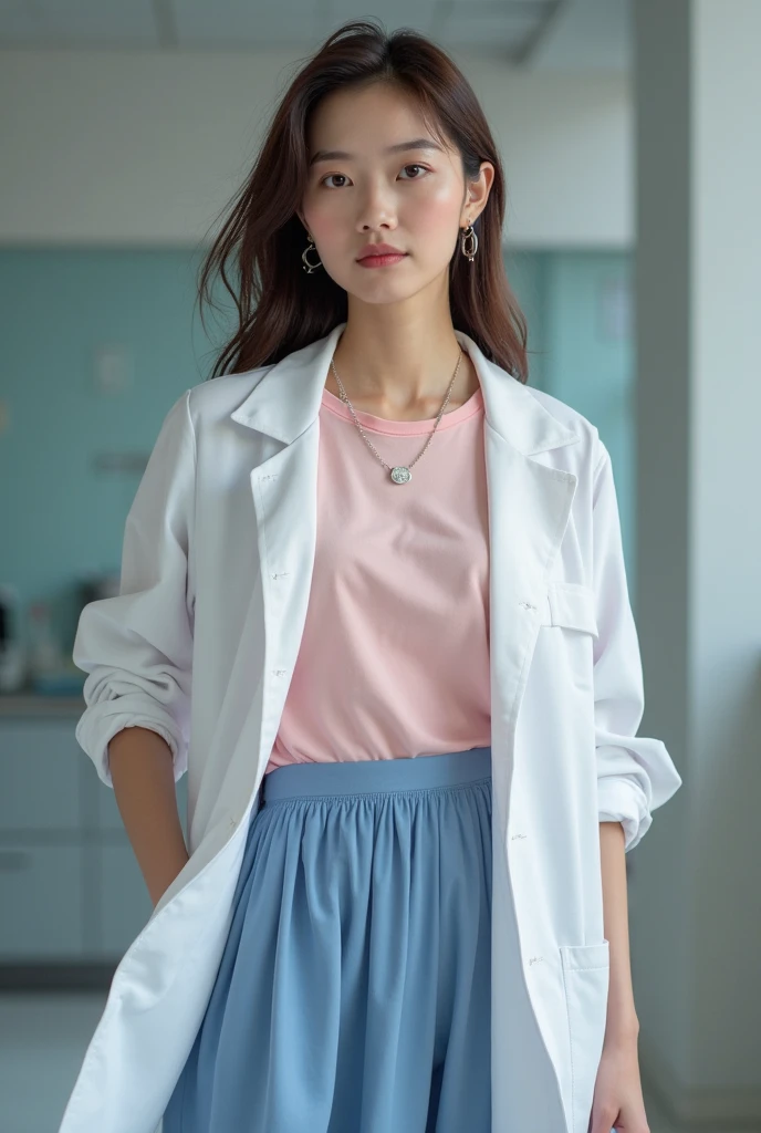 Young Latina ((ultra realistic:1.2)), smiling a lot in navy blue lab coat and light pink pants, in the bathroom extremely bright, (clouse-up), face close, dslr, 100 mm