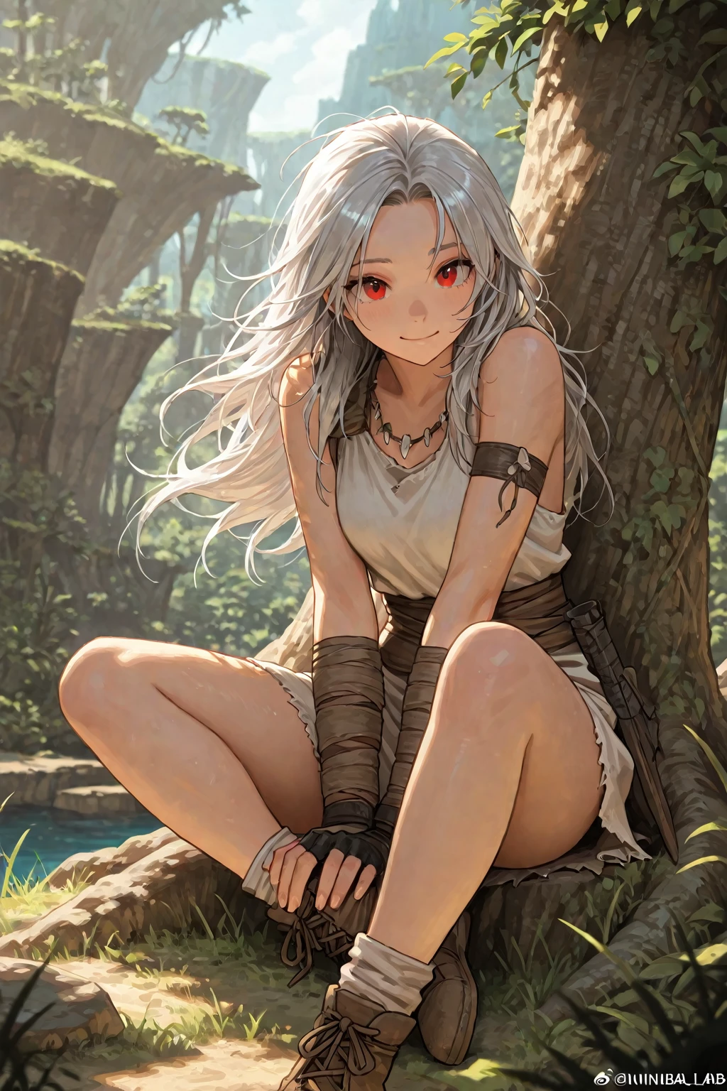 An anime-style illustration with an oriental color palette, depicting a girl sitting against the trunk of a large cedar tree. The girl has dark skin, a glamorous figure, and a seductive smile. She is dressed in ancient, fur-made tribal clothing, with a leather pouch filled with preserved food tied around her waist. Her messy hair is gathered with a silk ribbon, adding a touch of elegance to her wild appearance. The overall scene exudes a blend of primal beauty and mystique, set against the natural backdrop of the ancient tree.,cleavage,midriff baring outfit ,lips thick eyebrows,from directly below