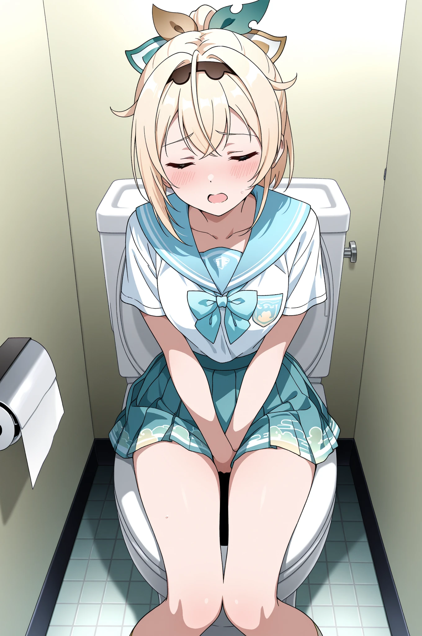 top-quality、8K,{Boy 1}{girl1}{2guys}Full limbs、complete fingers,short-hair、{ SEX}Sweating,Smaller chest、Toilet in the background、Toilets,(((Intense pee)))、((お漏らし ))、(((( M-shaped legs))))、((((cum on ))))、