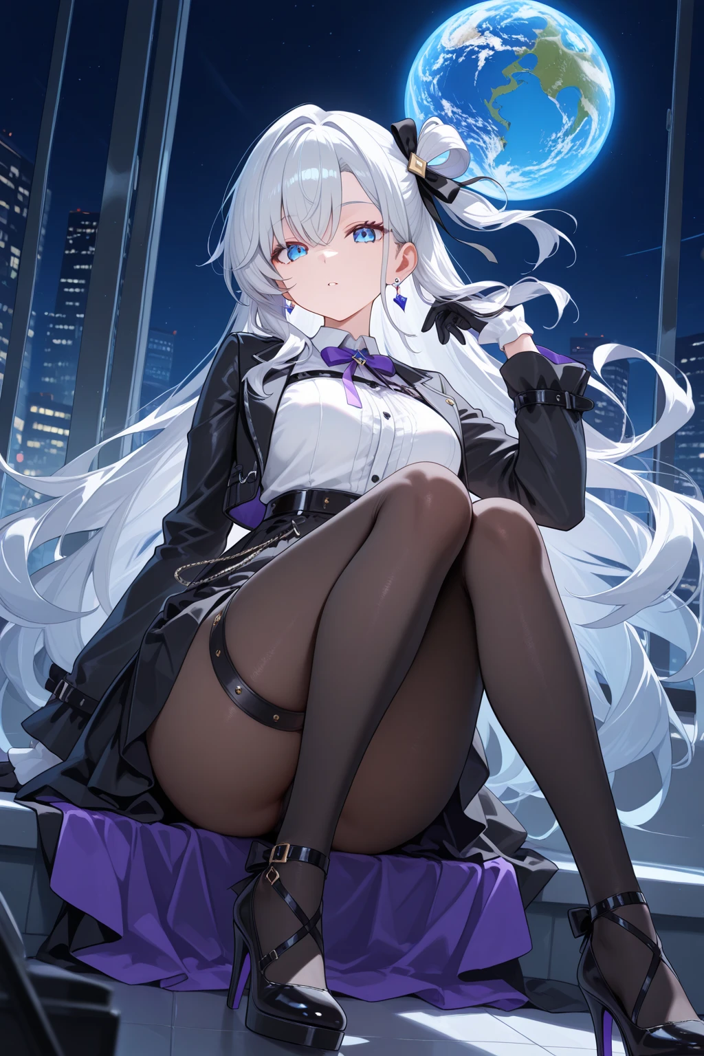 （（masterpiece：1.4，best quality）），（Super detailed），（Extremely detailed eyes），（Shiny socks：1.5），Hello Darkness
（Cute girls），15 years old，（Blood-red pupils，Diamond-shaped pupil：1.15），Purple Eyeshadow，（elongated hair，Thick hair，Single ponytail，shiny hair：1.5）（Changes through：1.2），despair，sad，Empty eyes，tears streaming down my face，tilting its head to the side，
（She wore a blue dress，：1.5），（Black gloves：1.4）Very long plush sleeves，White，White Cloud，Dream bubbles ，Ice and glitter effects
（Black long skirt：1.1），
（（Starry Sky：1.2）），
（Intense black and white：1.16），（Depth of Field：1.4），，Intricate details，(((Detailed background，Castle in the Sky，Purple flowers by the lake)))，(((Huge breasts，Bare breasts，Deep cleavage，White stiletto high heels，Transparent clothes)))