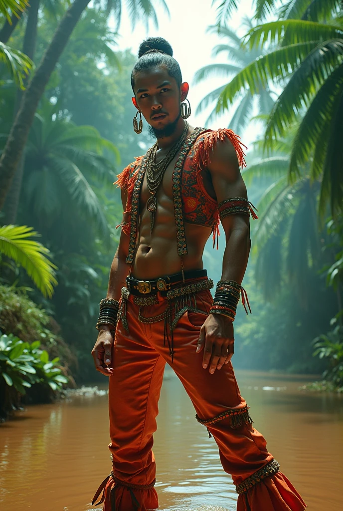 A slender muscular tribal boy wearing a tattered loincloth and an ivory necklace., 10yaers old, His wrists are chained to the bed.