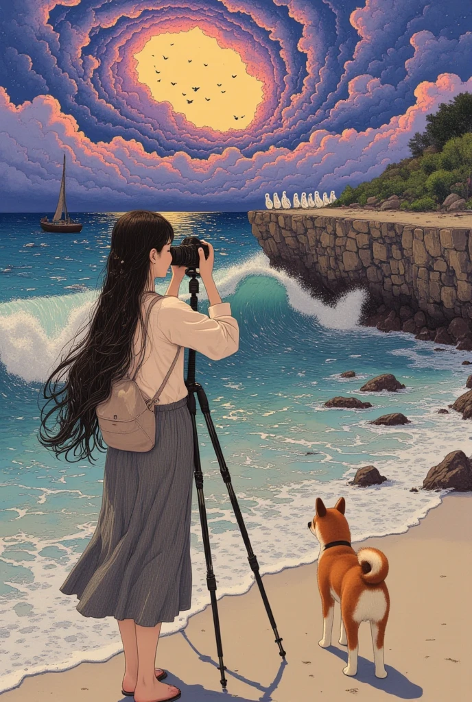 Japanese impressionism oil painting, flat color, 2girls, twins, naked, semi short straight black hair, standing on tatami, in front of the canvas, from behind, moonlight