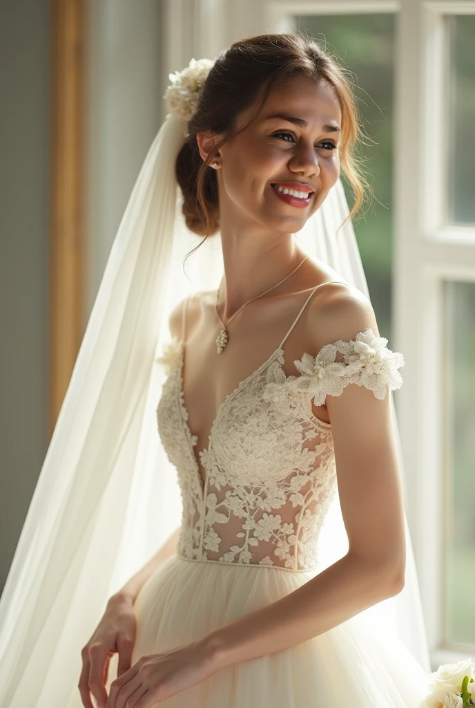 UHD ultra precise 8K digital copy of a arafed a grinning smiling woman in a white dress pouring milk into a bowl, ethereal beauty, incredibly ethereal, wedding dress, sexy gown, very ethereal, dreamy and ethereal, ethereal and dreamy, romantic dress, romantic gown, opened dress, gorgeous lady, laced lingerie, wearing a wedding dress, elegant corset, dressed in white intricate lace, dressed beautiful gown, wearing stunning ivory dress
