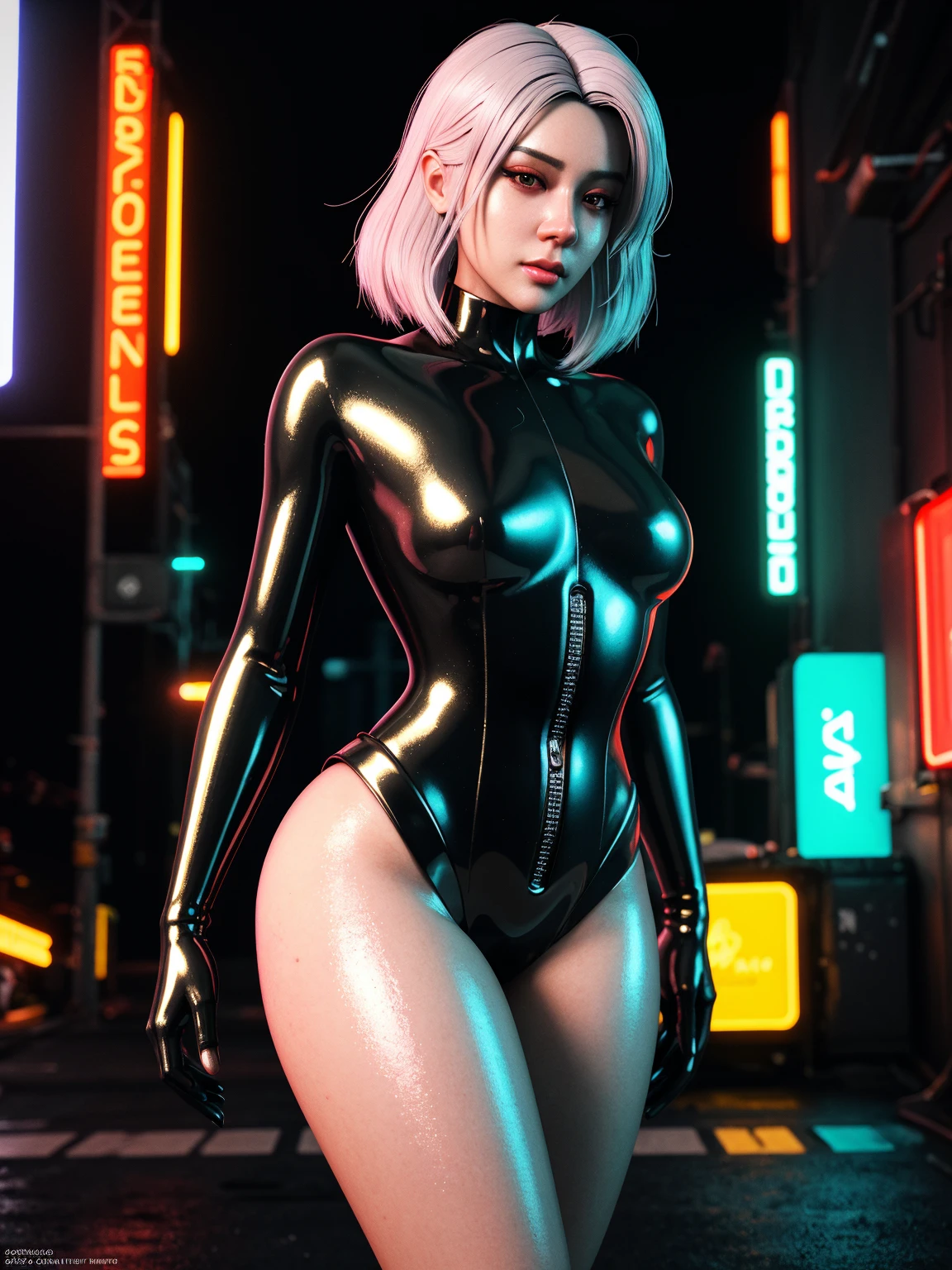 masterpiece, best quality, high quality, absurdres, Lucy, 1woman, solo, Cyberpunk Edgerunners, purple eyes, white short hair, wearing cyberpunk bodysuit, cyberpunk reimagined, augmentation, cyberpunk style, science fiction, glowing neon lights, cityscape, dystopian, clouds, lightning, rain, raining, extremely detailed face, extremely detailed eyes, cinematic scene, detailed background, vivid