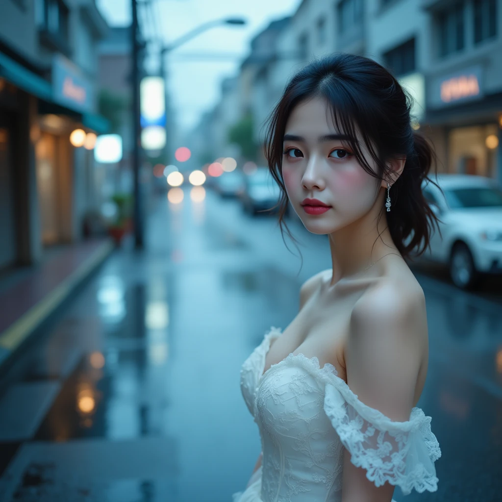 (8k, RAW photo, best quality, masterpiece: 1.2), (realistic, photorealistic: 1.37), 1 girl, cityscape, night, rain, wet, professional lighting, photon mapping, radio city, Chinese doll, torn, shirt, large chest, nurse, wedding dress