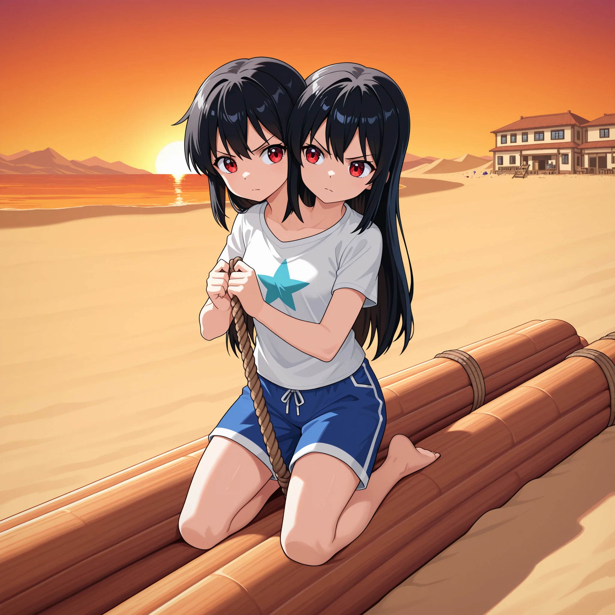 conjoined, anime girl with two heads, black hair, red eyes, determined, focused, tattered clothes, kneeling, tying a rope linking two logs together, building a raft, beach, desert island, sunset