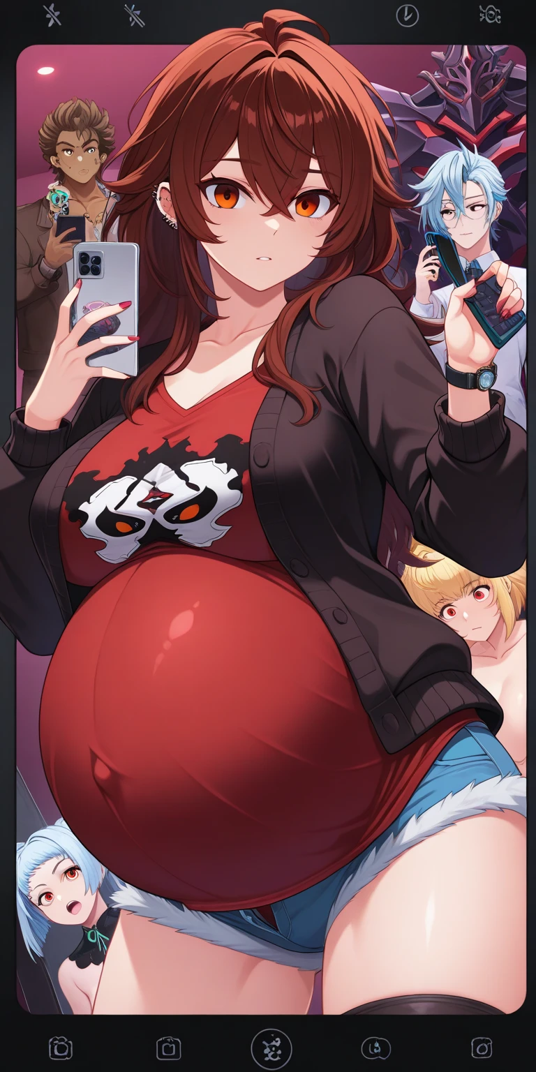 (masterpiece, best quality, highly detailed), 1girls, big belly, huge belly, art by kipteitei, round belly, chubby, curvy, belly grab, enormous belly, fat belly, thicc, bigger belly, really big belly, jiggly belly, glasses, unzipped jacket, (no shirt), bra, thight shorts, high heels, smug face ((full body)), long hair, ((dominant)), (((((((mommy))))))), (giantess), Flandre scarlet