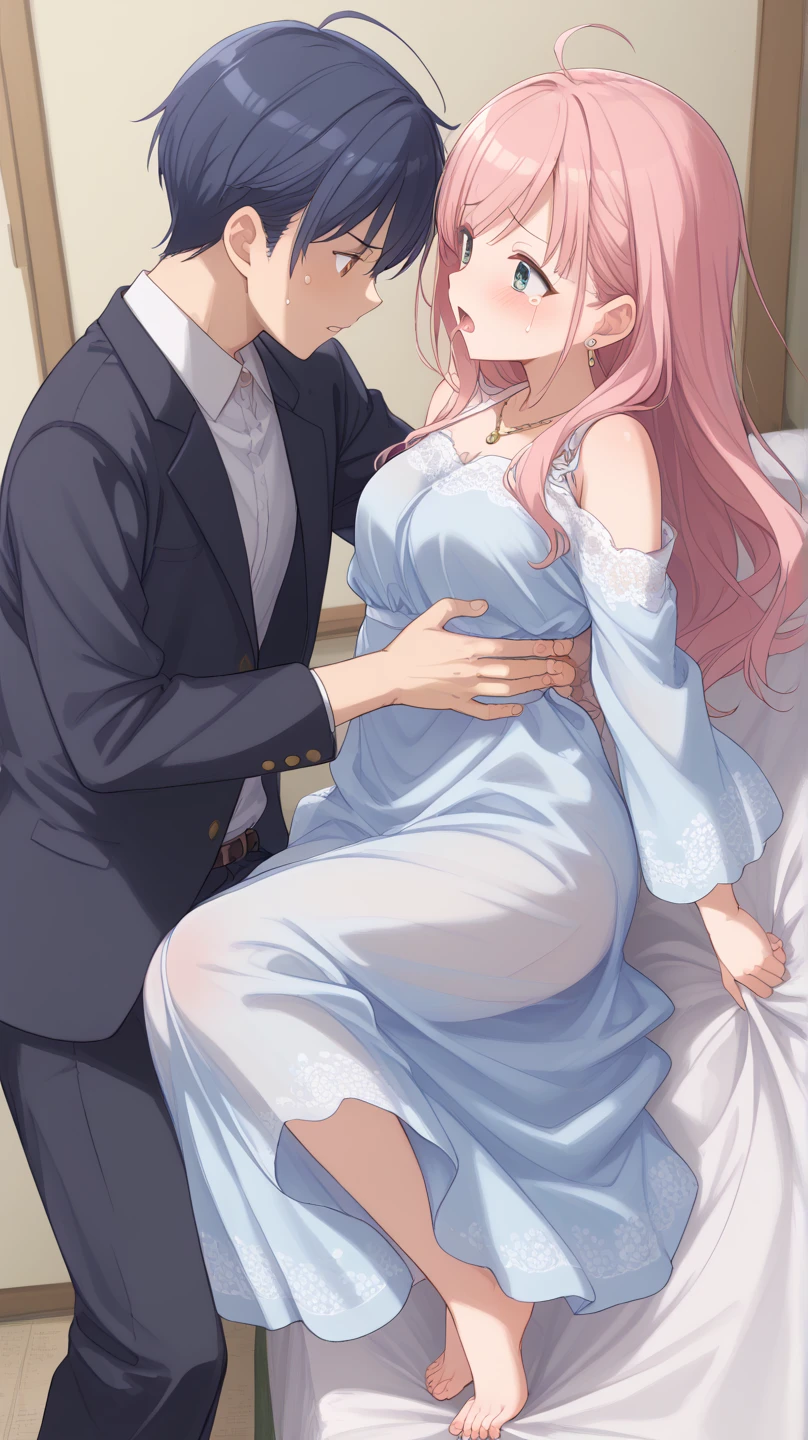 A pregnant pink haired woman with violet eyes is posing with a white haired man with ruby eyes in bed