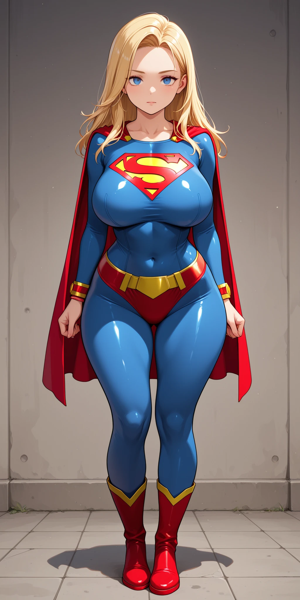 ((masterpiece)),(((best quality))),((character design sheet)), ((full body view)) illustration,(female superhero), muscular, ((blue bodysuit:1.5)), superhero, (dark brown hair:1.2), (red cape:1.5) ((detailed face:1.4)) beautiful woman, (small head:1.2) ((gigantic breasts:1.6)) (red thighhighs:1.3)(messy hair:1.4), (blunt buzzcut:1.4), (long sideburns:1.4), shiny skin, (yellow logo on chest:1.4)(puffy lips:1.5), (full lips:1.4) (wide hips:1.3), hip dips, detailed lips, (red gloves:1.2) rough sketches, pose, 8k,16k, (simple background, white background: 1.3)