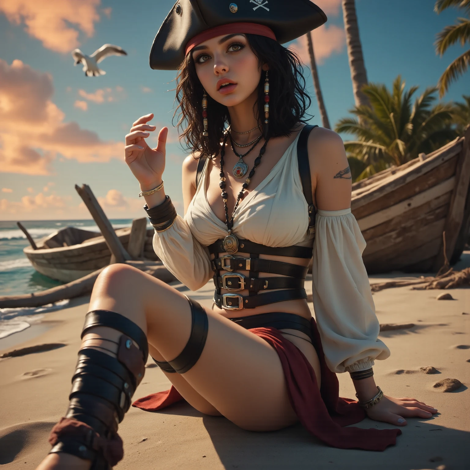 une fille, sur une ile deserte, coconut tree, beach, cliff, seulement, (bousiller, haut du corps, vue de face:1.2), yeux noirs, Jenna Ortega, Capitaine Jack Sparrow, pirate, Chapeau de pirate, tenue de pirate, corset, (seins moyens, medium breast, clivage:1.2), (chef-d'œuvre, très détaillé, regarde le spectateur, fond gris estompé brillant, fond dégradé pulvérisé, arrière-plan estompé:1.2)