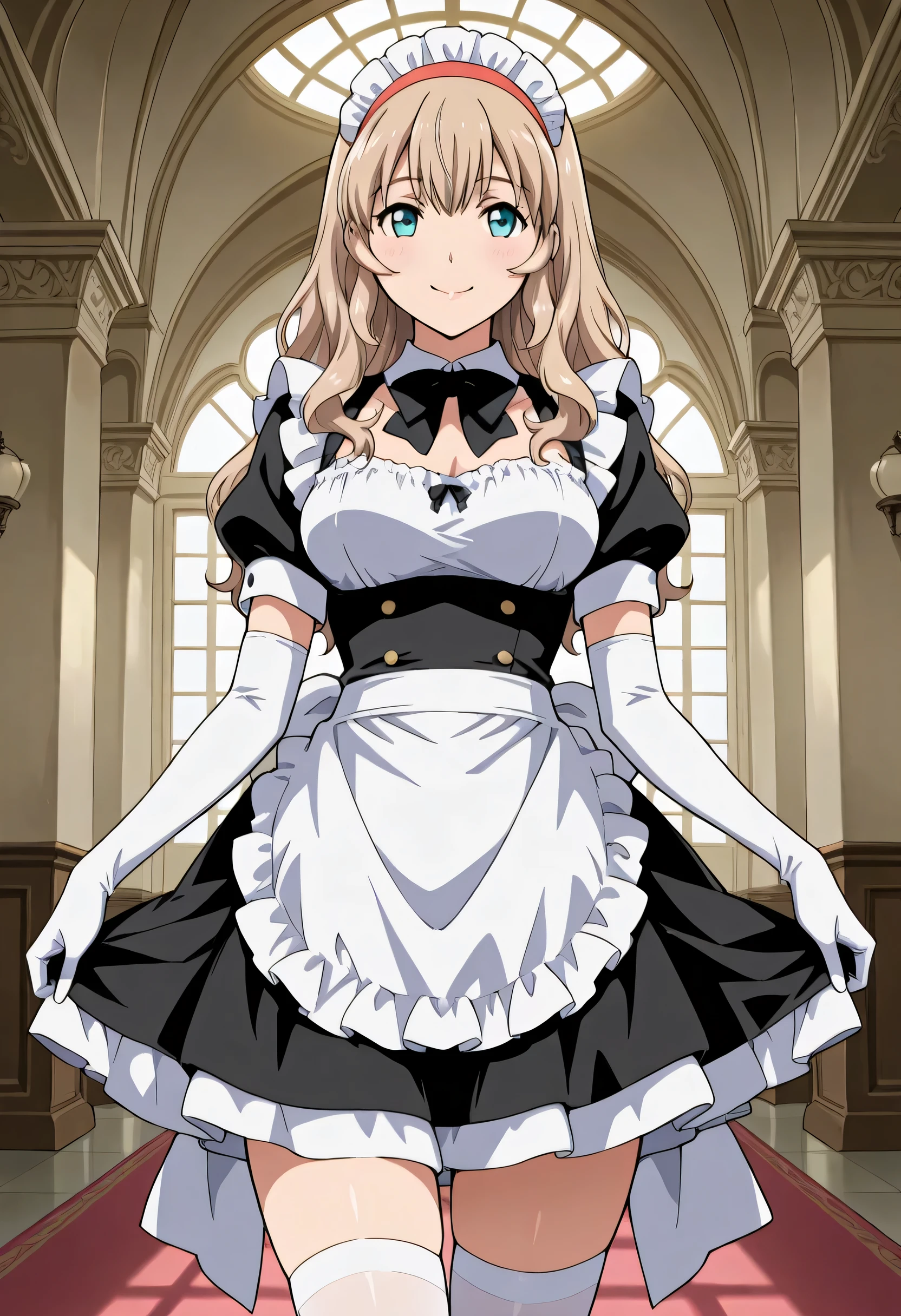 Score_9, score_8_up, score_7_up, source_anime, sonken chuubou, solo, long hair, light brown hair, wavy hair, red hairband, sidelocks, aqua eyes, (best quality), (high quality), {masterpiece}, extremely delicate and beautiful, ultra-detailed, beautiful detailed eyes, maid, black maid costume, short sleeves, puffy sleeves, white headdress, white frilled apron, white elbow gloves, white thighhighs, mansion, indoor, smile, closed mouth, standing