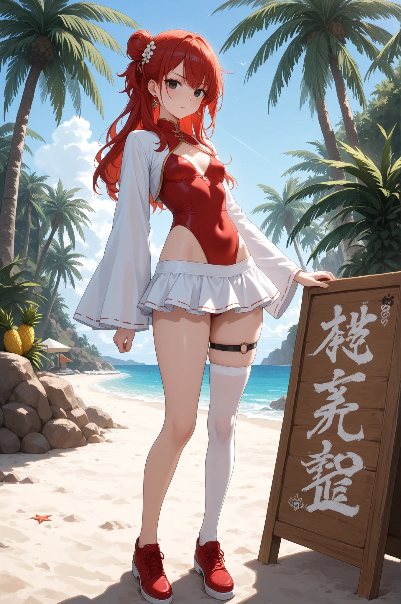 Red long hair girl,Black tiara,B cup chest,Red bikini,Bare Legs,high heels,Standing,Sunlight,Sea