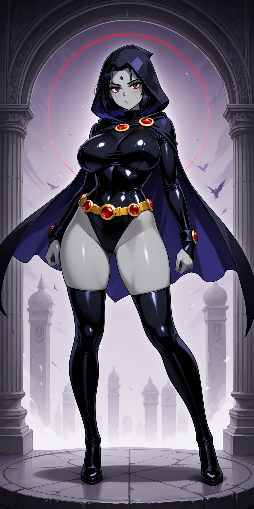 (solo:1.1),(masterpiece), (best quality:1.3),, (ultra detailed), (intricate), professional art, digital art, absurdres, shadraven, (far away view:1.1), 1girl, solo, (grey skin:1.4), dark purple hair, bob hair, dark purple eyes, hips wider than shoulders, pear shaped body, jewellery, detailed thighs, (thick thighs:1.3), red jewel in forehead, jewels, (long sleeved turtleneck leotard:1.4), (Red jewel Belt), (red jewel brooch:1.3), cuffs, small breasts, nipple bulge, (raven long dark purple hooded cape), (Shadraven brooch:1.2), Shadraven jewel belt, Shadraven wearing a long sleeved leotard with a hooded cape and fingerless glovess, (long legs:1.3), (detailed long crotch bulge:1.4), huge penis bulge, huge testicle bulge, ( frontal view),(bubble butt) , gluteal crease, universal lighting,(Detailed ass), black-lipstick, beestung lips, Black-eyeshadow,
