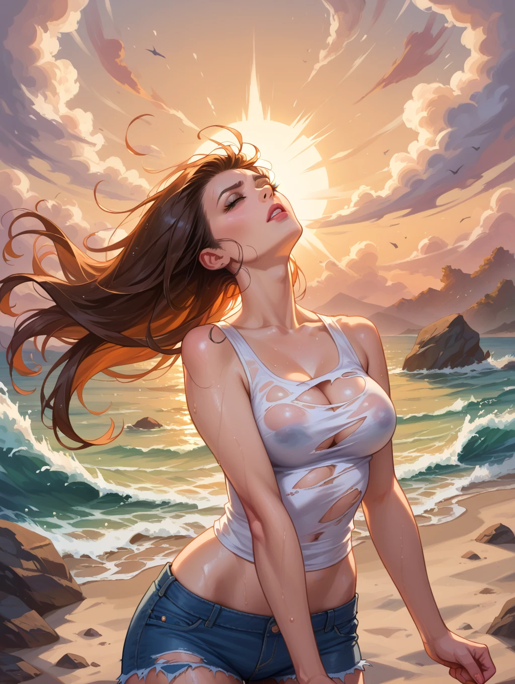 ((fantasy art)) A beautiful woman with a sculptural and very sexy body is standing on a rock, she is very hot, beautiful and provocative. The woman's hair is golden and very short, her breasts are very large and siliconed, her nipples are hard, excited. Topless. She is completely naked only some jewelry and necklaces adorn her body. The stone is in the middle of the ocean and huge waves are at the bottom and crash against the stone, the waves are bigger than the woman. The clouds in the sky are very dark and the lightning is intense, the wind is blowing very hard and it messes with your hair.