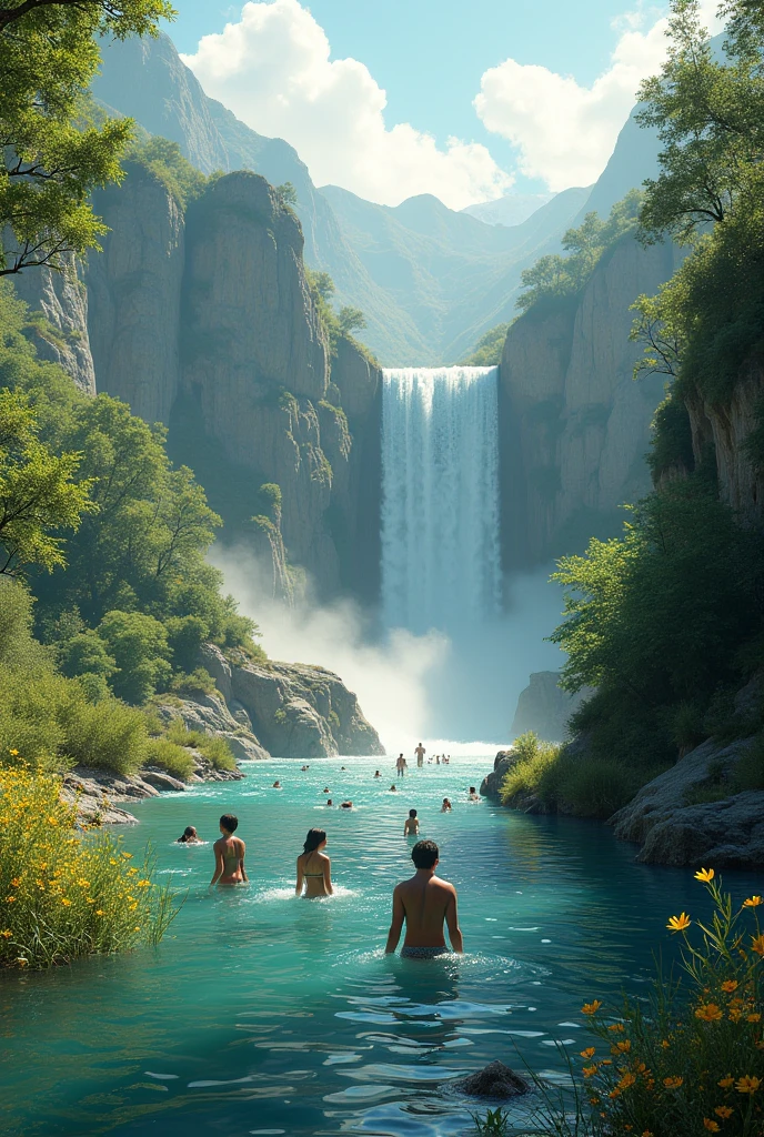 there are body three small greek woman swim and chill, river, water, lotus, lotus litter flower, plan, tree far away, dramatic sky, dramatic cloud, on a dust field, naked, female greek,female greek god, white hair, hairy torso, fantasy, intricate, elegant, highly detailed, digital painting, artstation, concept art, smooth, sharp focus, illustration, naked