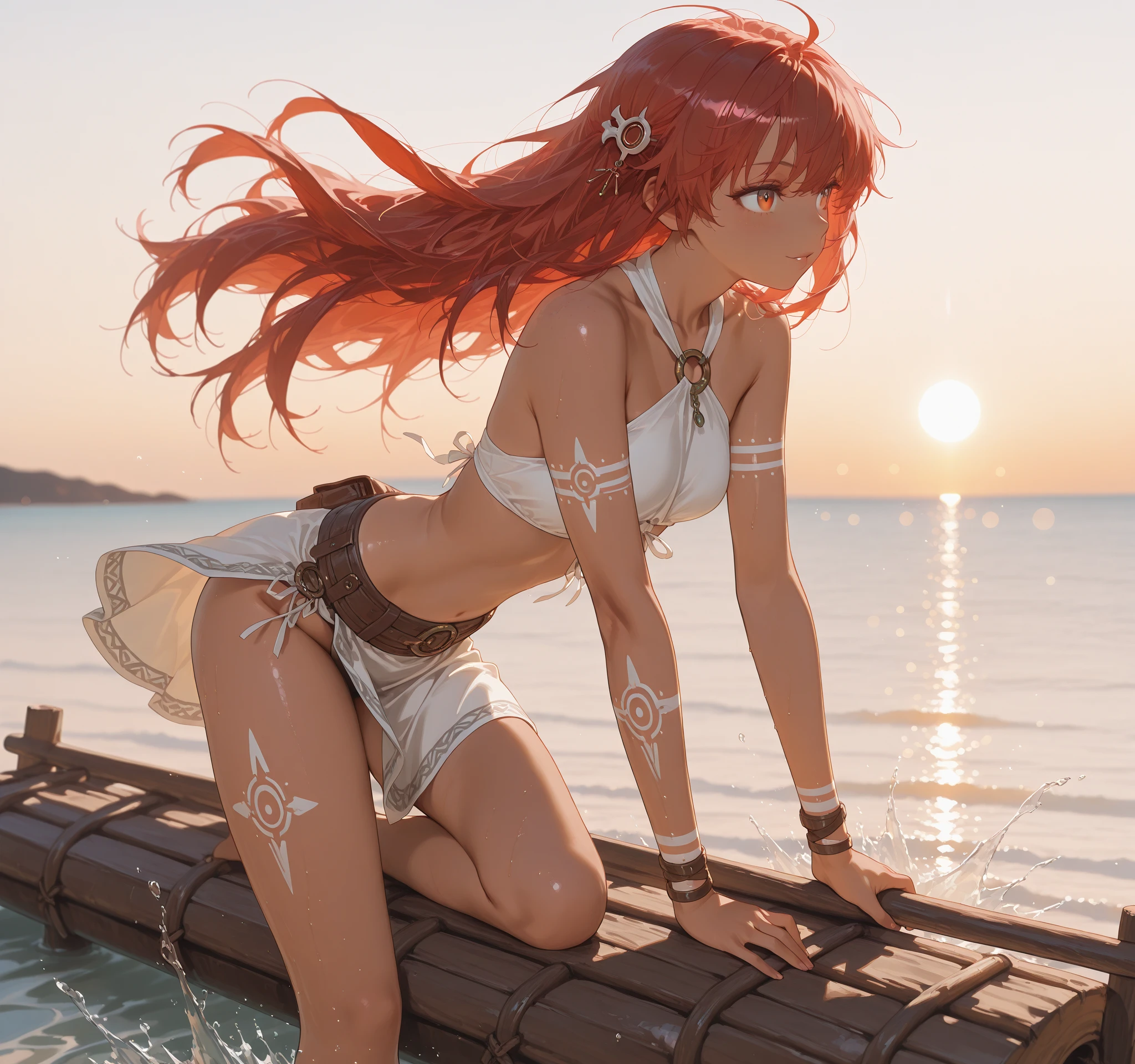 /imagine prompt: A serene beach setting at dusk, A red-haired woman wearing a white bikini stands in the water, o sol se pondo lentamente no horizonte, casting a warm golden glow across the sand and the peaceful waves of the ocean gently caress her feet, evoking a sense of tranquility and relaxation, fotografia, tirada com uma DSLR full-frame usando uma lente principal de 50 mm, --AR 9:16 --V 5 --auto