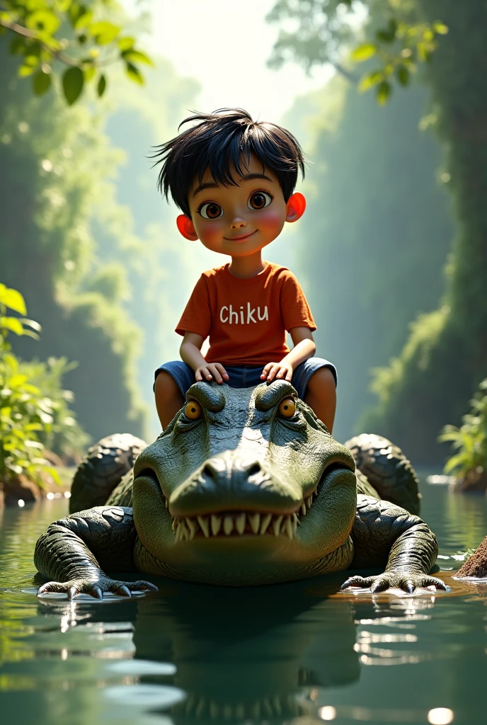Draw me a picture of a chubby boy fishing and catching a huge crocodile.