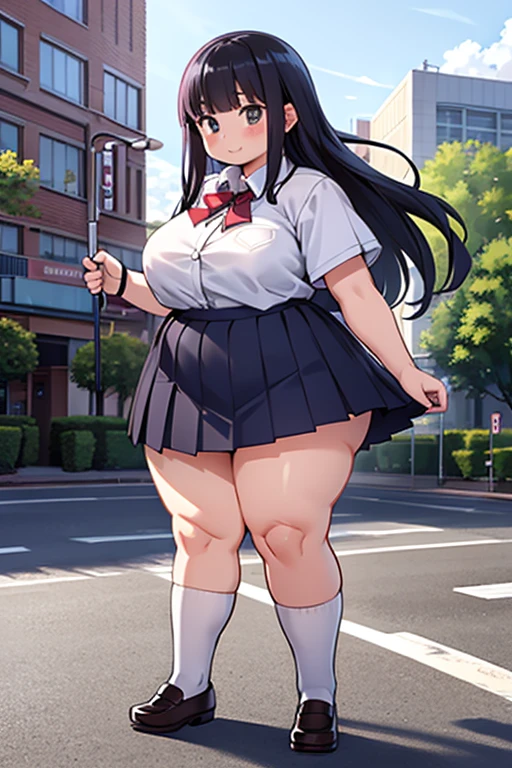 sexy girl, huge breasts, large breasts, curvy, black hair (straight bangs), brown eyes, long hair, female , school plaid short skirt, earrings, grinning, standing, high school, outdoor, solo focus, bright day, crowd of people, (multiple students)