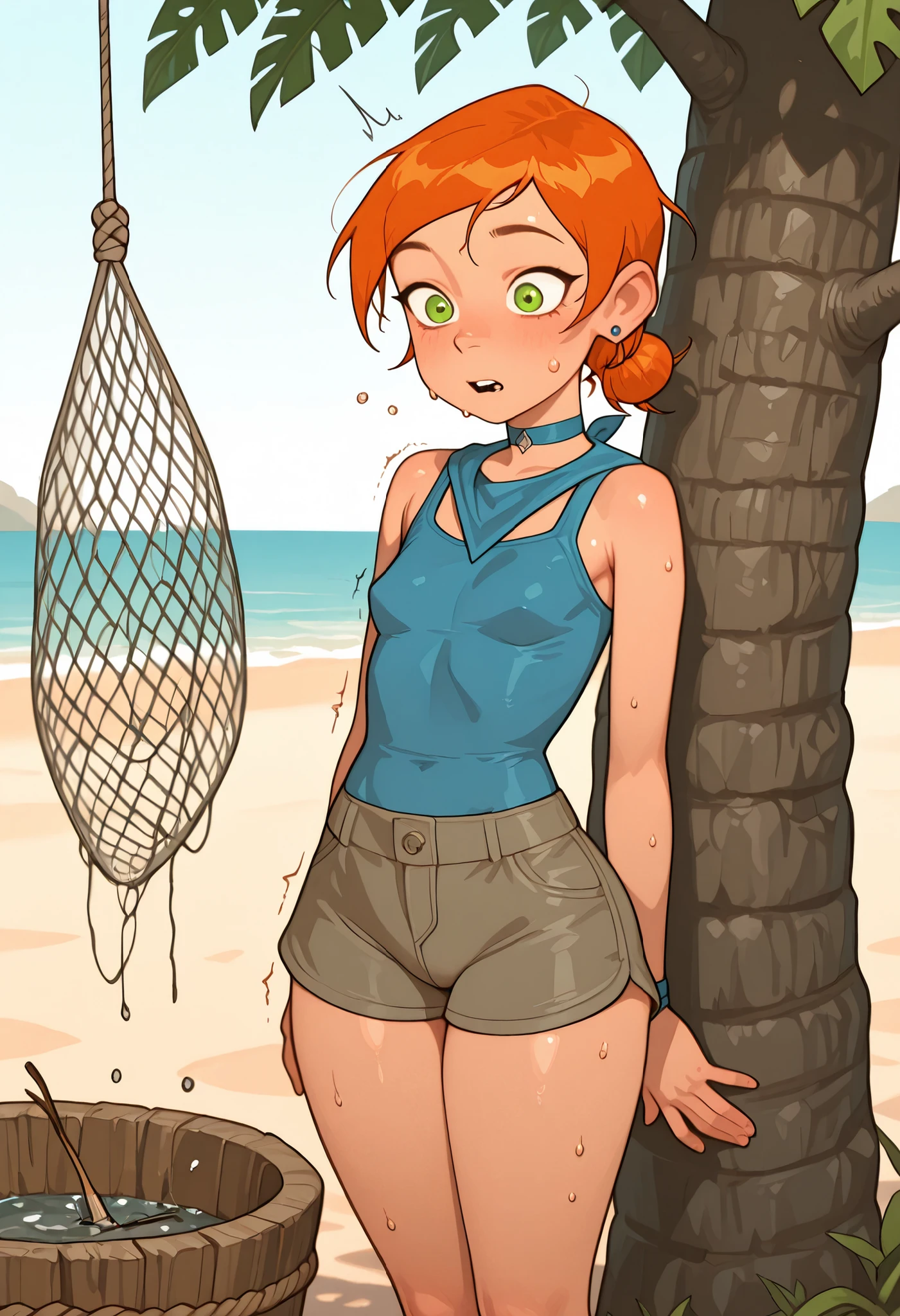 Gwen Tennyson . ginger . short hair . green eyes . flat breasts, flat chest, huge hips . slim body . choker . | a comedic scene of a survival girl on a deserted island trying to shoot a handmade bow, but the arrow flies backward unexpectedly, surprised expression on her face, eyes wide and mouth open, sweat flying off her face, wearing a dirty tank top and frayed shorts, messy hair tied with a leaf bandana, standing on a tropical beach with a hand-made fishing net tangled nearby, a broken wash tub boat in the background, a monkey laughing in a tree, bright daylight, dynamic anime-style illustration with motion lines and expressive exaggeration, high detail and humorous tone