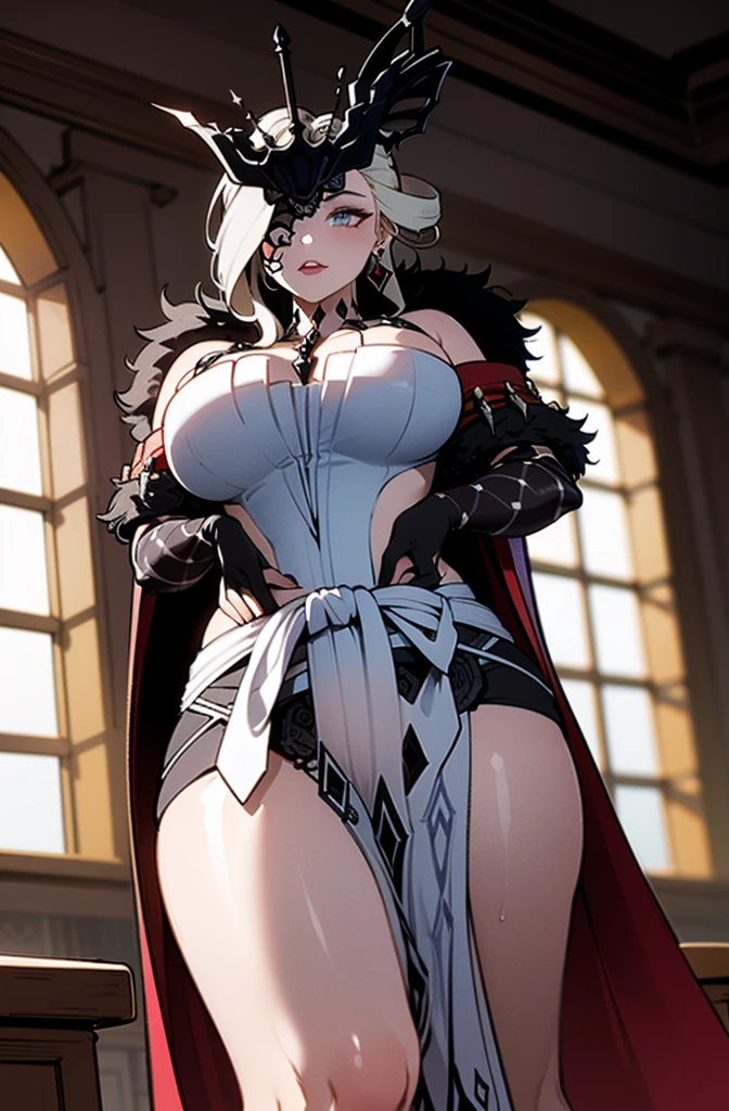 gothic, female, black hair, black clothes, small breast, thick thighs, black lips, luxury, vampire, goddess, emo, red crimson eyes, bodysuit, fur, gold jewelry, thick, wide hips