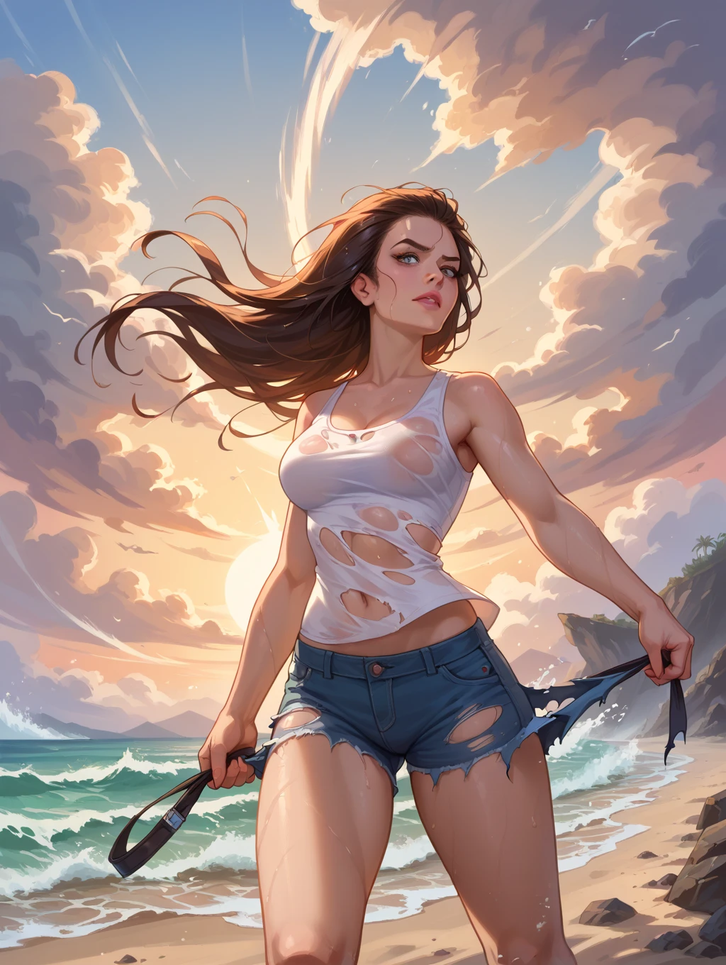 a masterpiece, best quality, woman wearing a crop top, druuna, big , dark blue eyes, white crop top, red thong, full lips, cleavage, best quality, aroused, ((on all fours)), prone, (paolo serpieri art:1.3), milo manara art, bernie wrightson art, (frank franzetta art:0.8), spaceship background