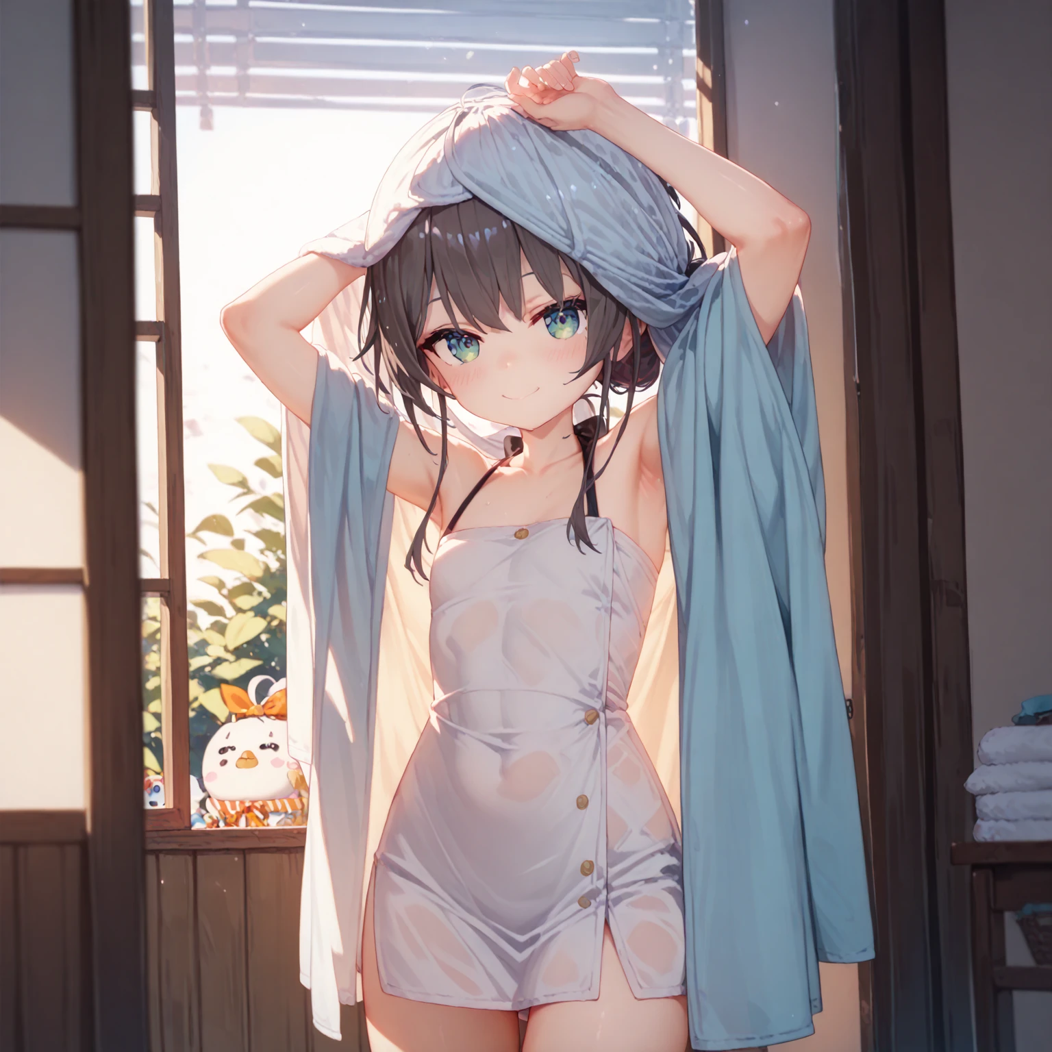 (​masterpiece:2.0), (top-quality:2.0), (standing naked in the hot spring:1.5), (white Tube top extremely short bath towel:1.5), (super sexypose:1.5), (look up from below:1.5), (blushed face:1.5), (hide crotch with hand:1.4), (hide chest with hand:1.4), (Spilling boobs:1.5), (realistic:1.5), under the boobs, side boob is visible, naked, 1 little  girl, precise small hands, Embarrassed look, light smile, Look at me and smile, extremely cute girl, innocent face, young face, Clear eyes, Shining eyes, small breast, shoulder is visible, Tummy is visible, cleavage of the breast is visible, stomach is visible, the lower abdomen is visible, The buttocks is visible, The crotch is visible, No pubic hair, dynamic posing, The beautiful skin, ultra-definition, Top resolution, japan high school student, brown hair