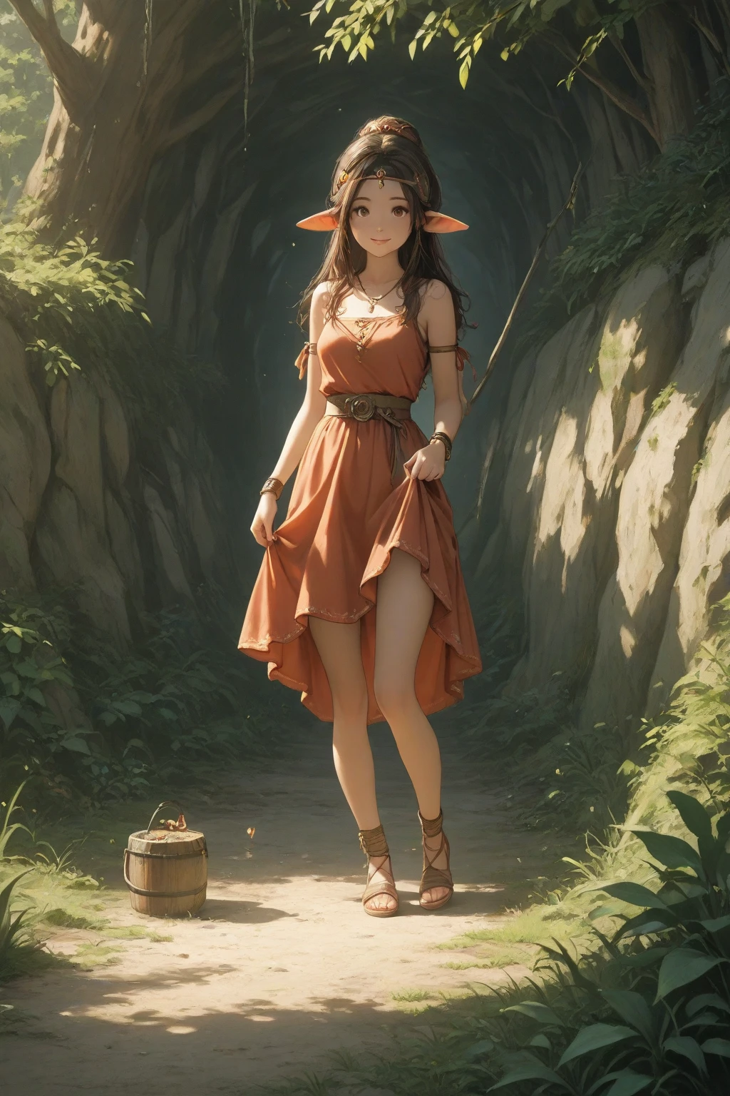 (8k masterpiece photorealistic 3d cartoon render:1.4),cute adorable face, bright eyes, (clothed, masterpiece, wide angle, cinematic establishing shot, young adult european woman, highly detailed background:1.2), volumetric lighting, subsurface scattering, dynamic pose, (special effects, color grading, fantasy aura), (Grove Keeper:1.4), (Medium Covered breasts:0.81), Hidden grove, mystical flora, guardian staff, nature spirits
