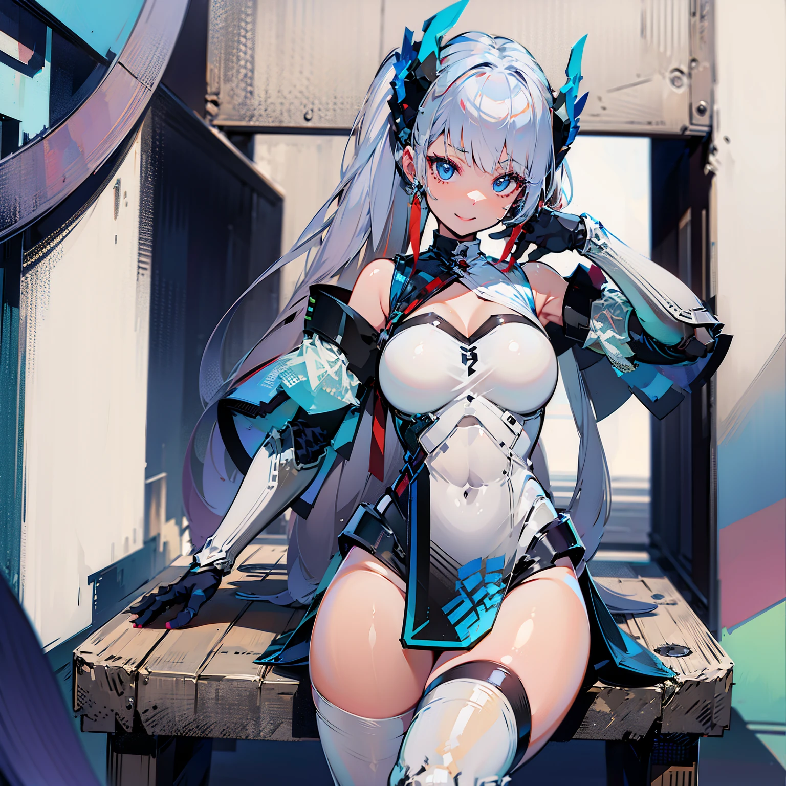 (masterpiece:1.3), (8K、photorealistic, Raw photo, best quality:1.4), (solo), one girl, (((kos-mos))), beautiful face, Beautiful face with perfect symmetry, cute face, (smile), (beautiful light blue long hair), With bangs, There is a visor on the forehead, beautiful purple eyes, perfect anatomy, (high detail skin: 1.2), natural breast, beautiful thighs, Natural buttocks, white costume, mini skirt, costume with open chest, outer space, (Inside the spacecraft), ((lean forward and look into the camera&#39;s viewfinder)), perfect lighting, focus only, perfect anatomy,Front view,