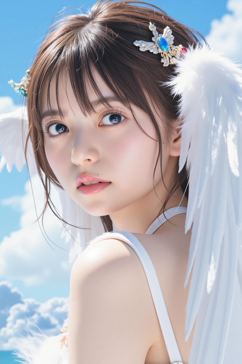 One Girl, (beautiful girl, Delicate girl:1.3), (14 years old:1.3),
break, (Angel Costume, White Feather Wings:1.3),
break, (blue sky:1.2),
break, Very beautiful eyes, (Symmetrical eyes:1.3),
break, Small breasts, Brown eyes, Parted bangs, Brown Hair, (Upper teeth, The best smile:0.2),
break, (Eye and facial details:1.0),
break, (masterpiece, Highest quality, Very detailed, Detailed face, 8K)、In underwear