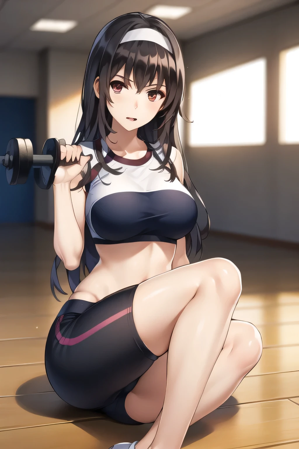 yunyun, black hair, hair ornament, red eyes, bow, braid, crown braid, large breast, sport bra, shorts, on the gym, panicking, forced smile, frustrated