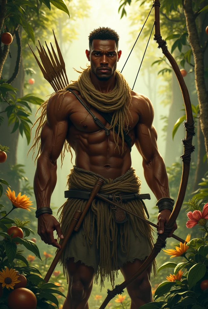 obra prima , Foto realism , RAW Camera , Oxossi , Homem , guerreiro ,   Orisha of the forest that has over its domain the bow and arrow , 4k