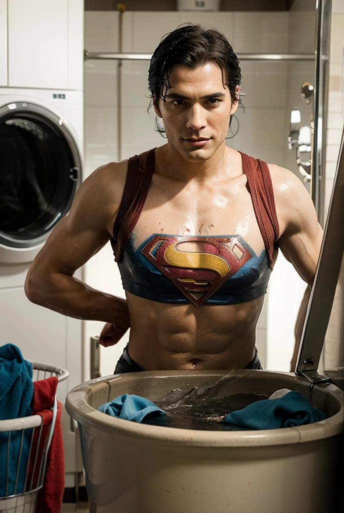 In a dark cave prison, Superman stands naked in white briefs with his shoulders hunched, his head bowed, sweat dripping from his face, and he looks as if he is about to collapse, with a painful and pitiful expression on his face. He has a Superman mark on his chest and a glowing green necklace. He is a white, middle-aged man, solidly built, with black hair with white sides. There are iron bars and men in suits looking at him from outside.