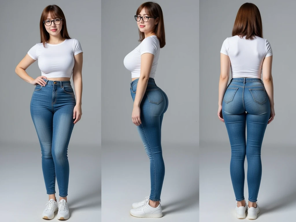 1girl, Wavy Low Ponytail (dark blue hair), with Black Round Glasses, with black beret, (dark blue cropped t-shirt,blue jeans, huge breasts:1.6, huge butt:1.6), Japan girl, Y2K clothing, Y2K pose