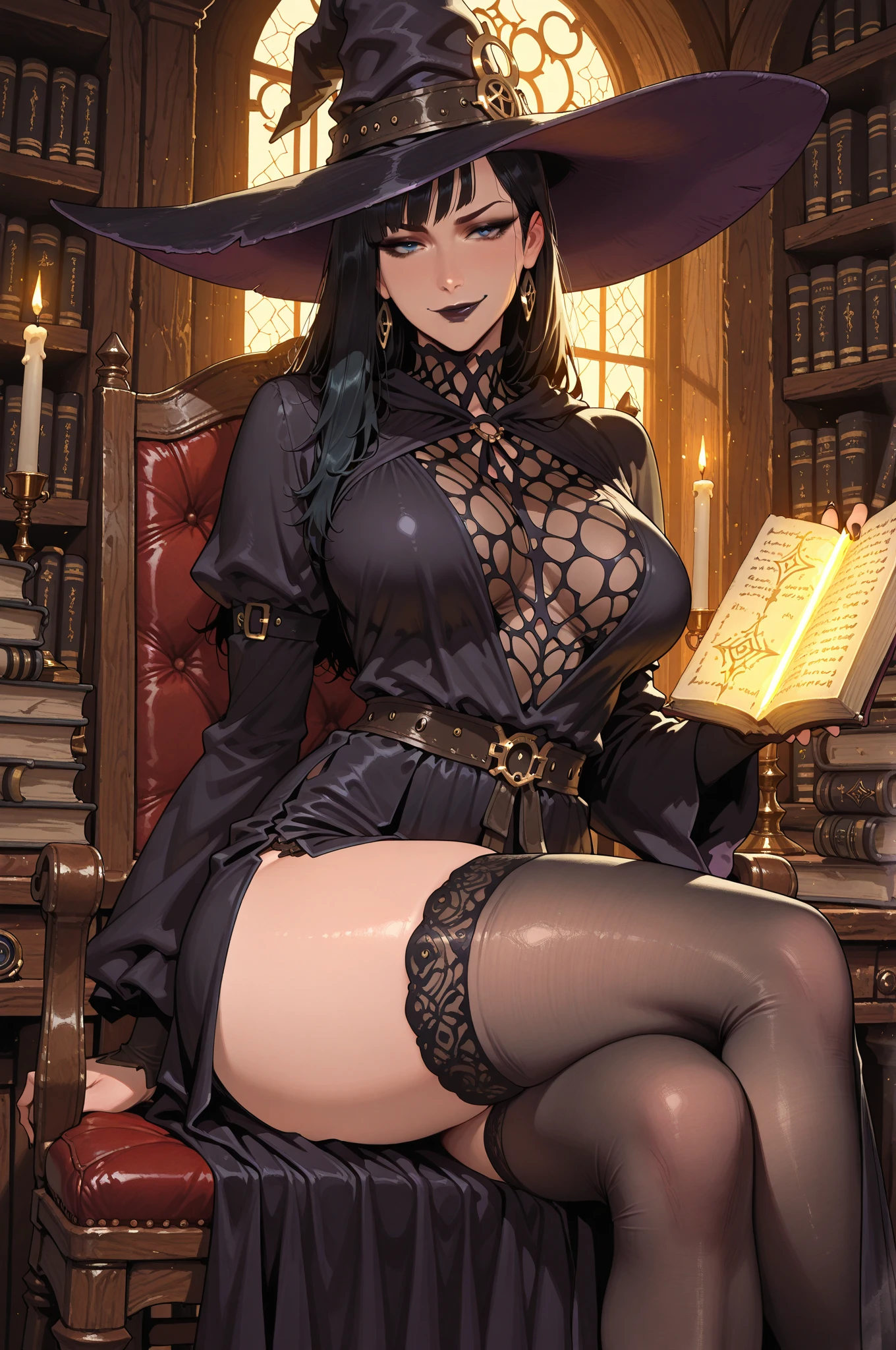 witch, glasses, big breast, sweaty cleavage, sexy dress, couch, thigh high socks, thong