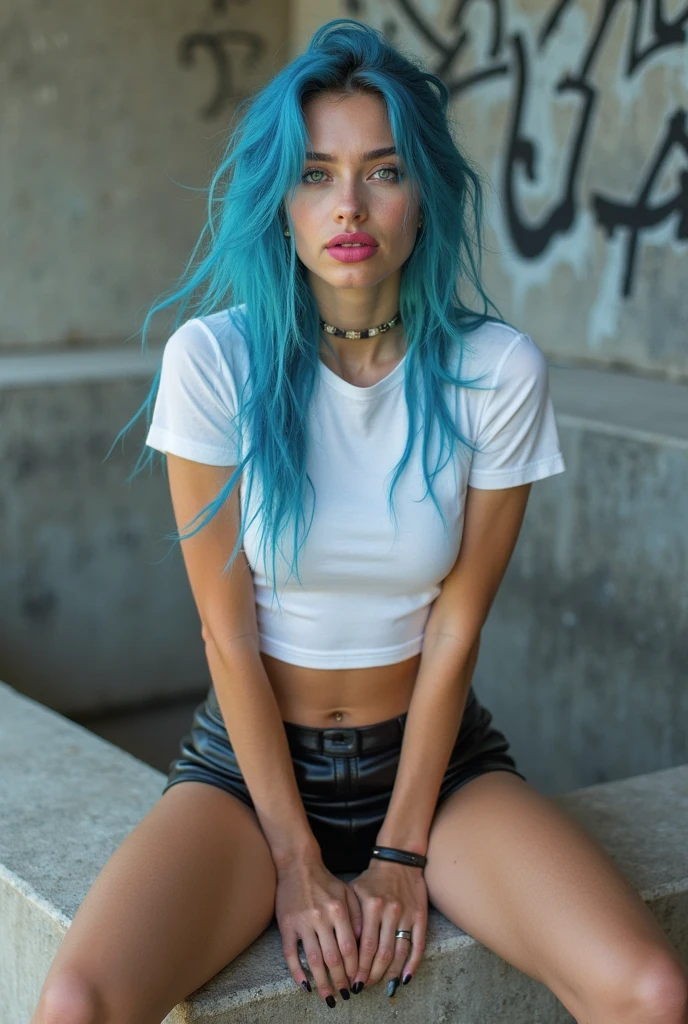 1980s Kodak photo of a young 25 year old rock girl with blue blonde hair wearing a white shirt and black leather jacket, in a german apartment, photography by nan goldin, faded, film grain, cross processed image